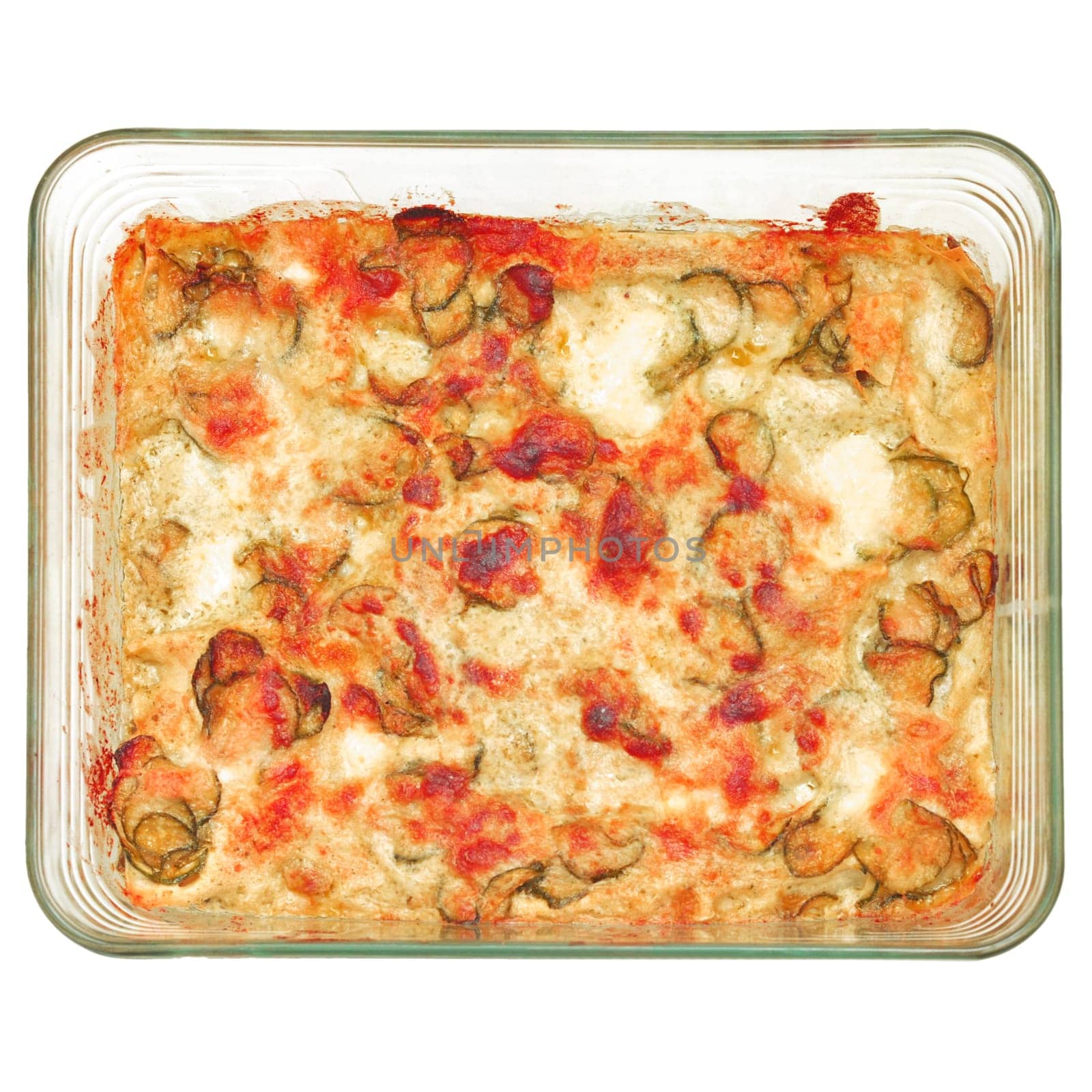 Detail of courgettes (zucchini) pizza - isolated over white background