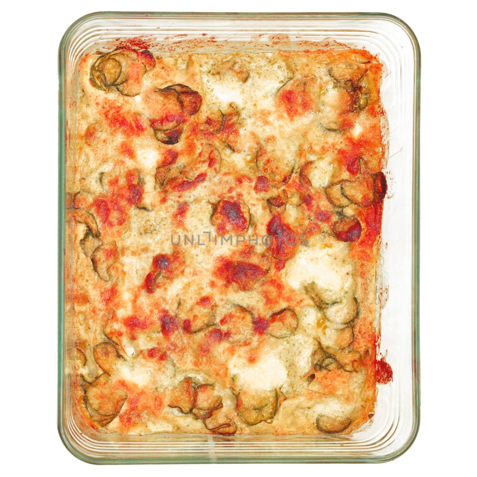 Detail of courgettes (zucchini) pizza - isolated over white background