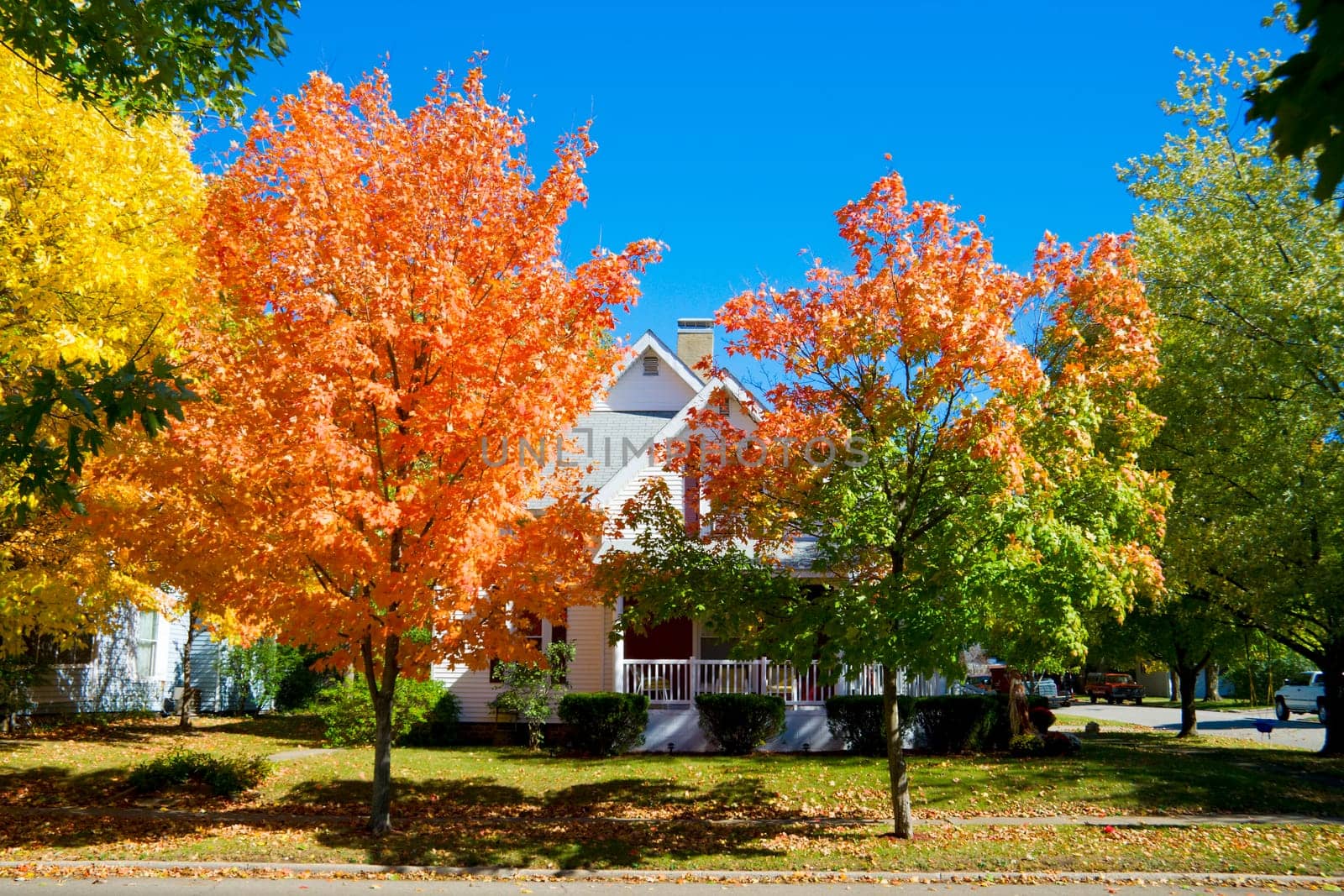 Colorful fall scene in a small town in Indiana.
