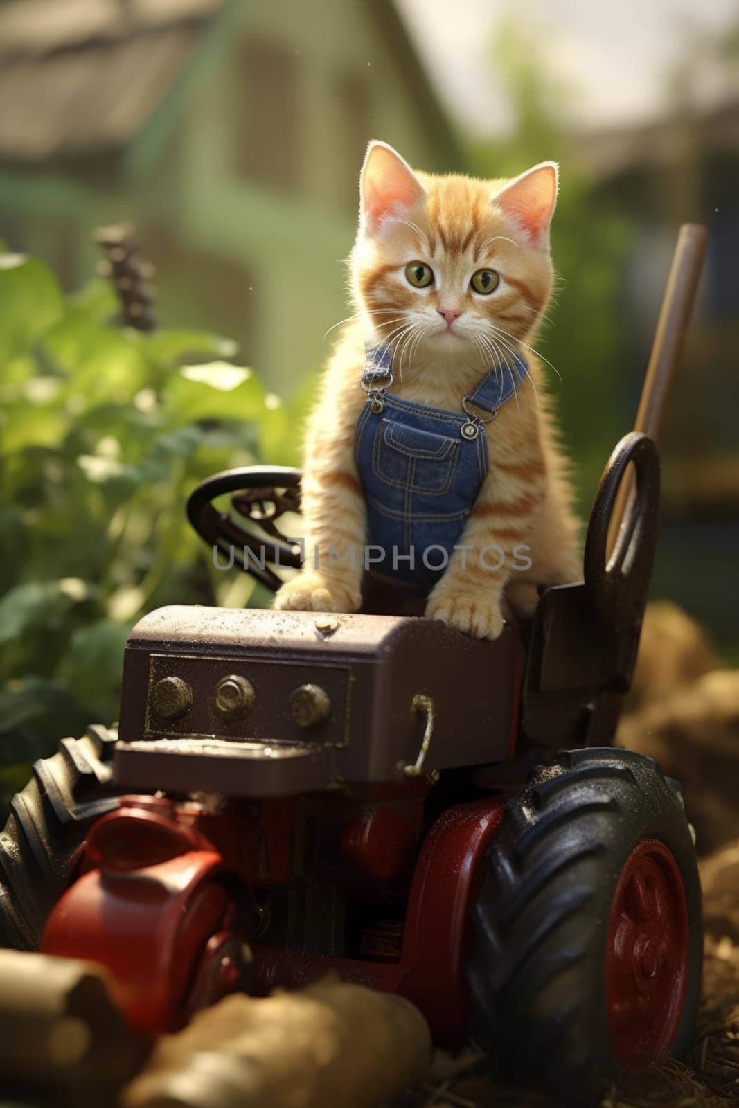Funny little redhead kitten driver on a red tractor by Zakharova