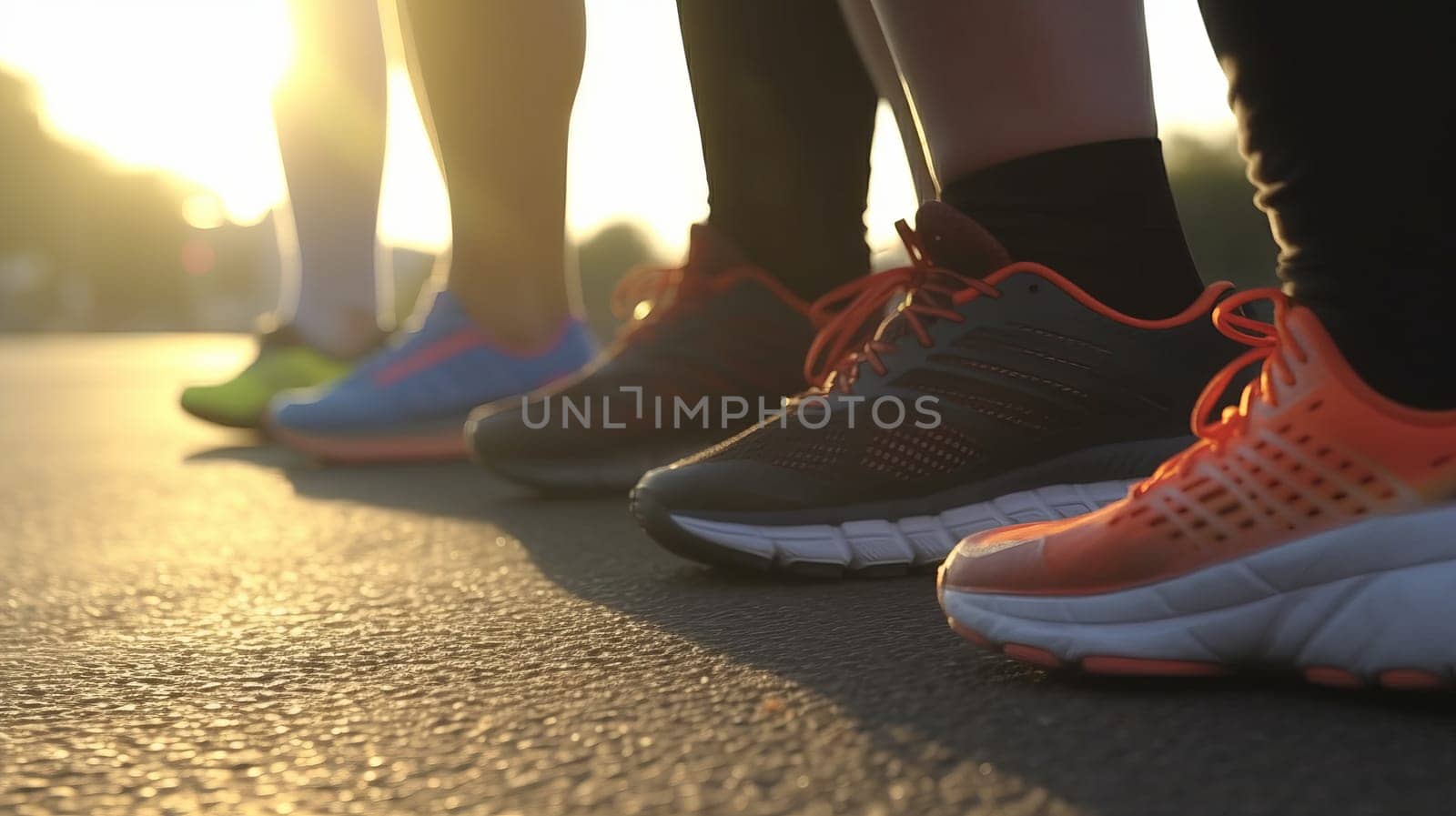 Close-up of feet of people in sneakers, standing on asphalt, in sunlight, at sunset.