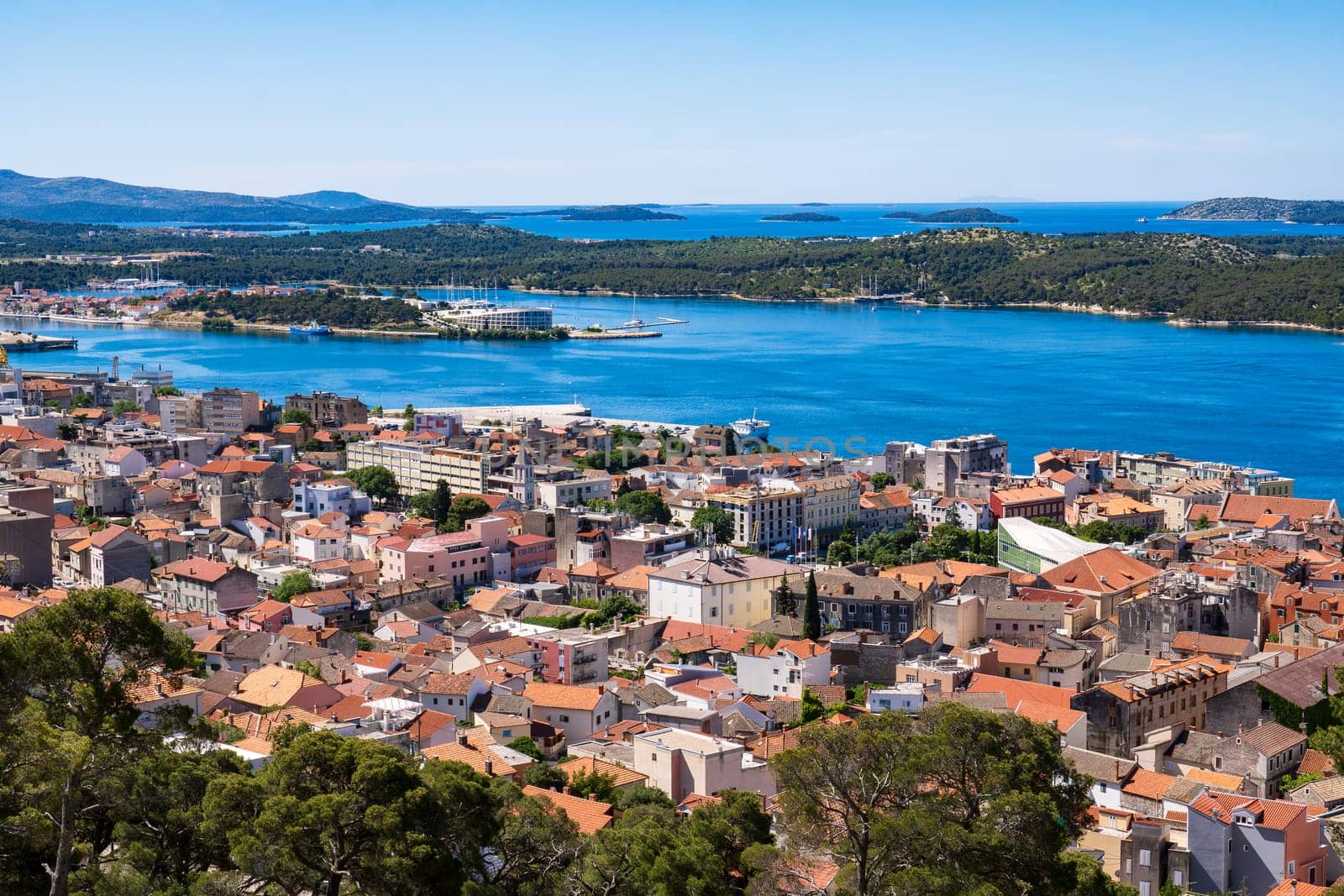 Aerial view of the Sibenik, Croatia. Beautiful old city of Sibenik, panoramic view of the town center and adriatic sea. Dalmatia.