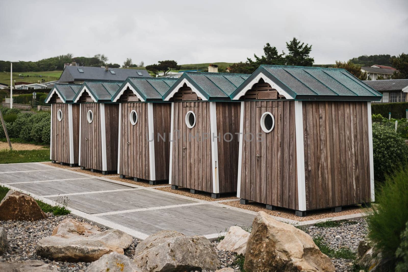 Wooden houses on the ocean coast bathing cabins at Saint marguerite sur mer