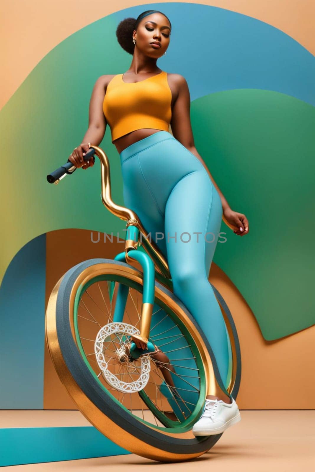 fashion portrait of modern empowered woman riding bike illustration , blue, copper and pastel tones by verbano