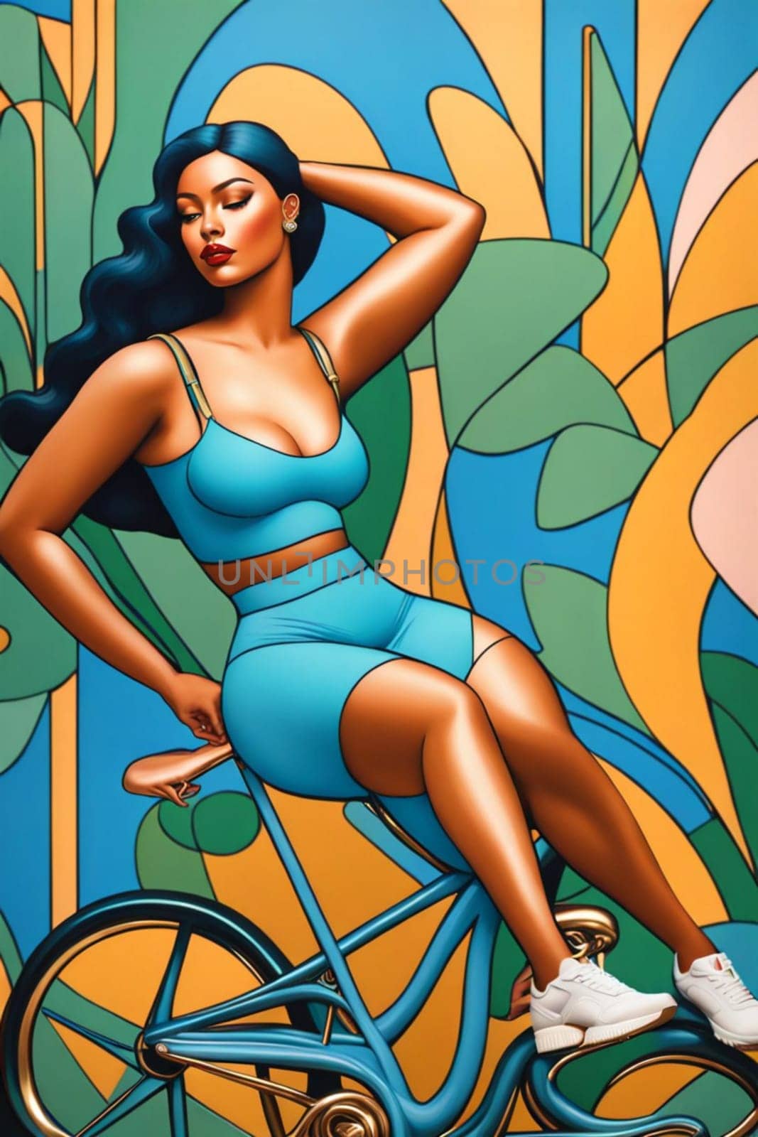 fashion portrait of modern empowered woman riding bike illustration , blue, copper and pastel tones by verbano