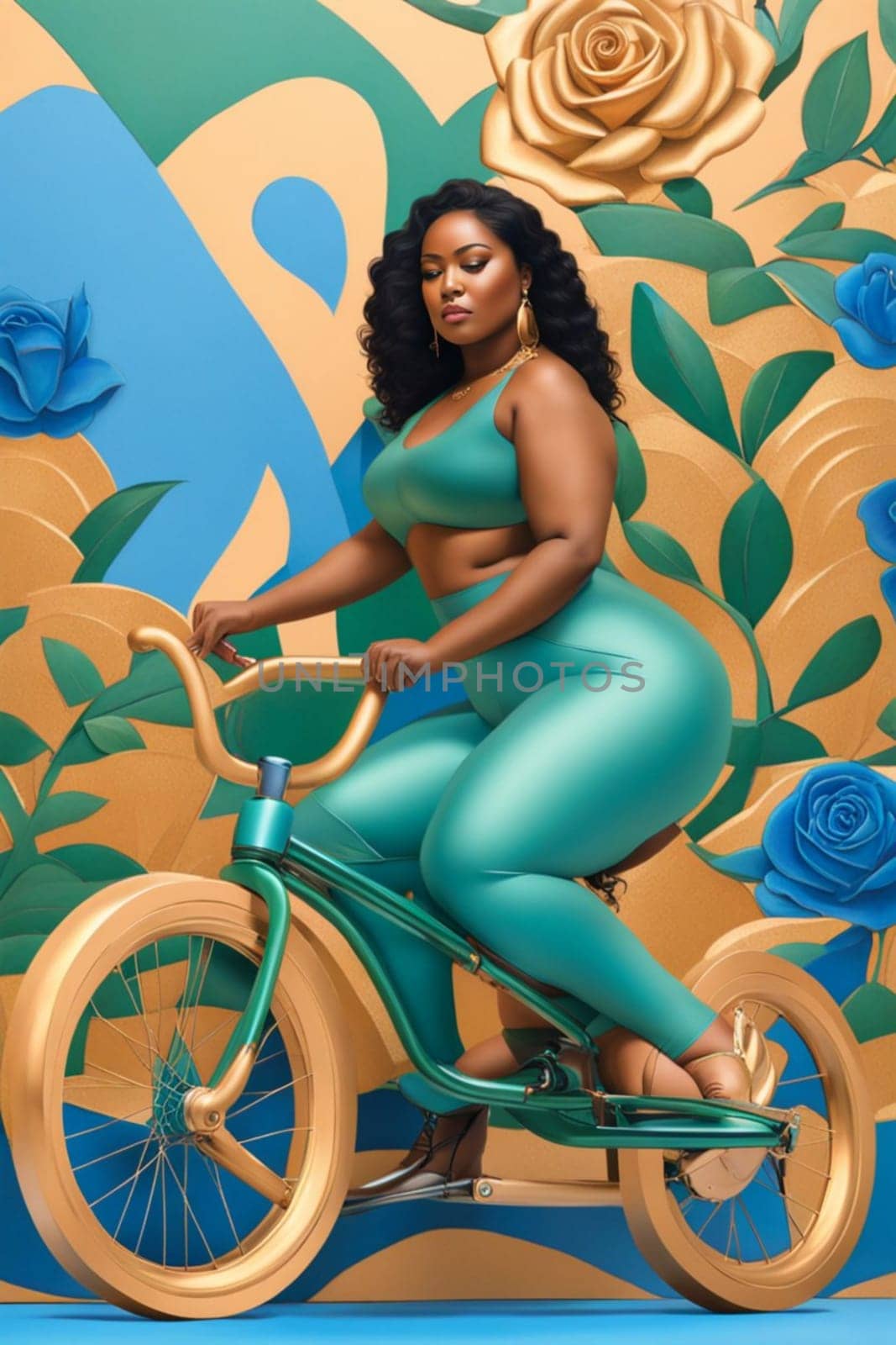 fashion portrait of modern empowered woman riding bike illustration , blue, copper and pastel tones by verbano