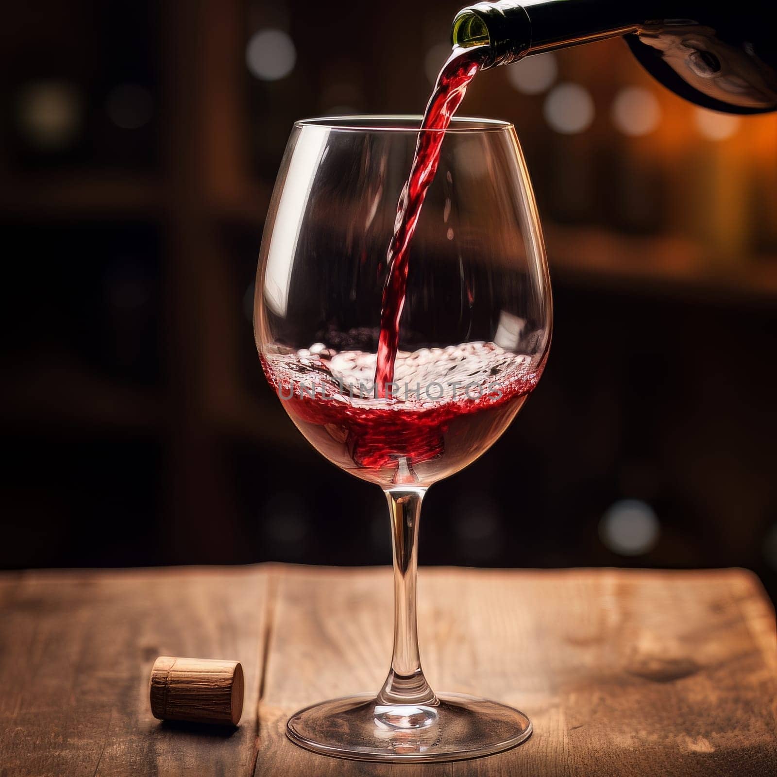 Red wine pours from a bottle into a glass AI by but_photo