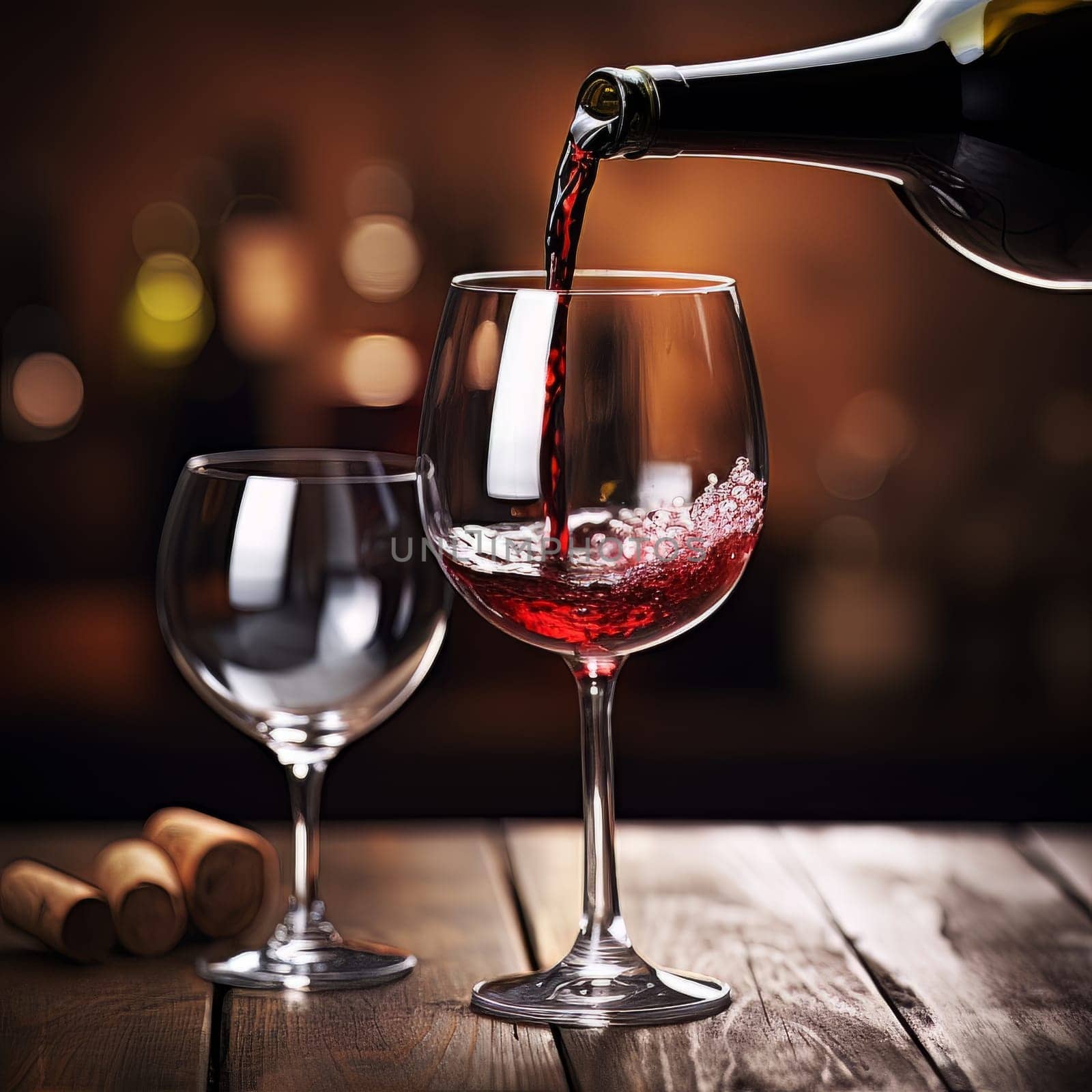 Pouring red wine into an elegant glass. Wine making and tasting concept. Romantic weekend vibe with alcohol AI