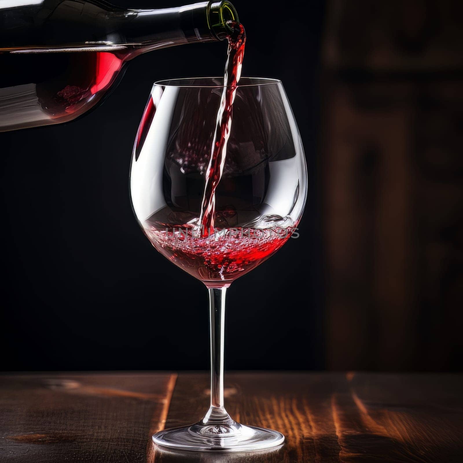 Red wine pours from a bottle into a glass AI by but_photo