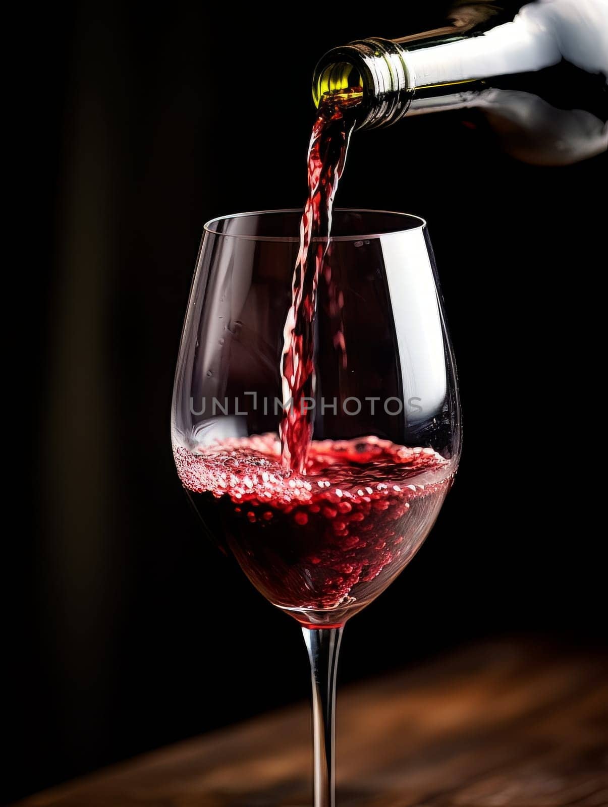 Pouring red wine into an elegant glass. Wine making and tasting concept. Romantic weekend vibe with alcohol AI