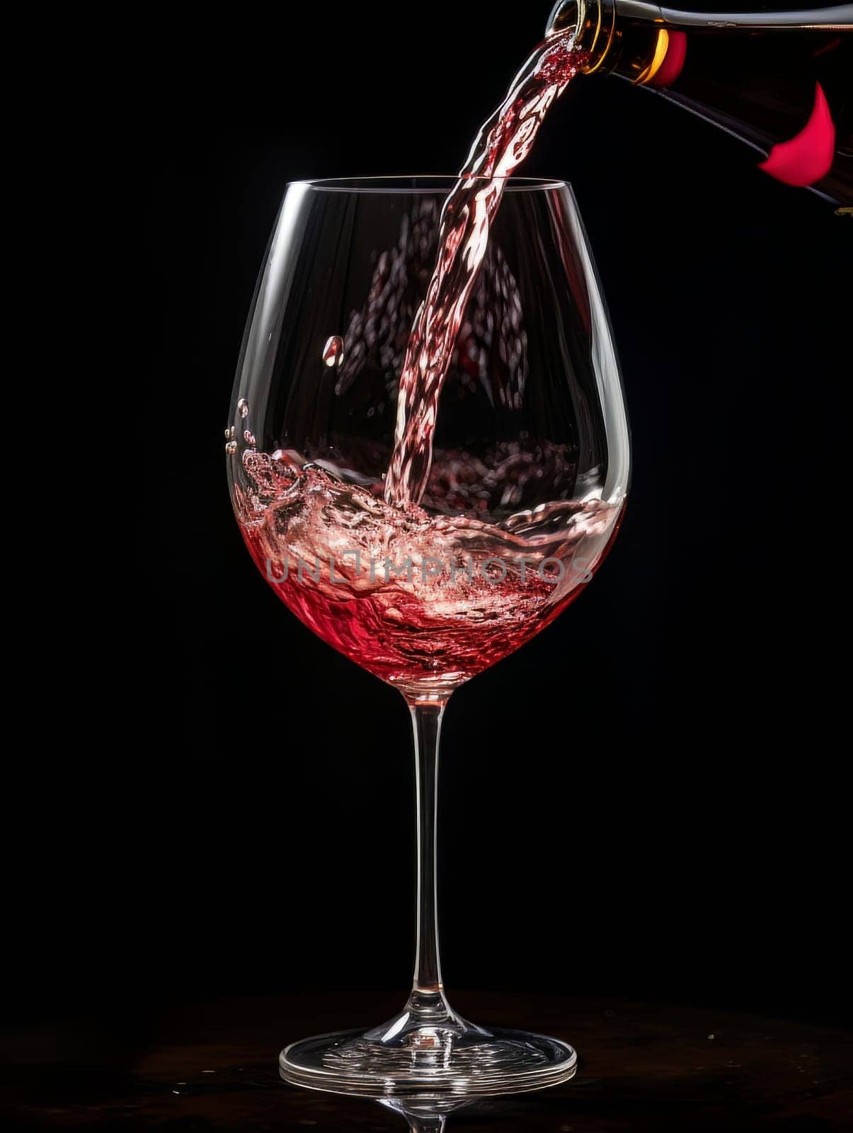 Red wine pours from a bottle into a glass AI by but_photo