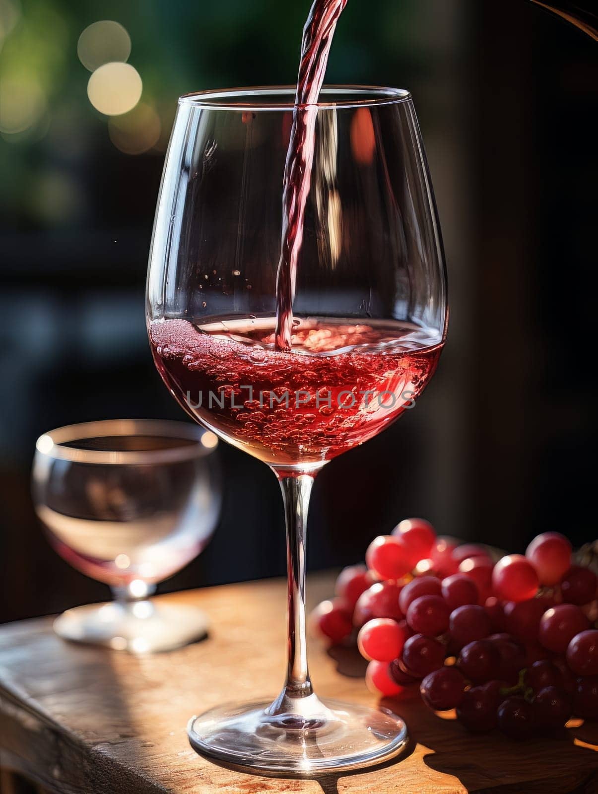 Pouring red wine into an elegant glass. Wine making and tasting concept. Romantic weekend vibe with alcohol AI