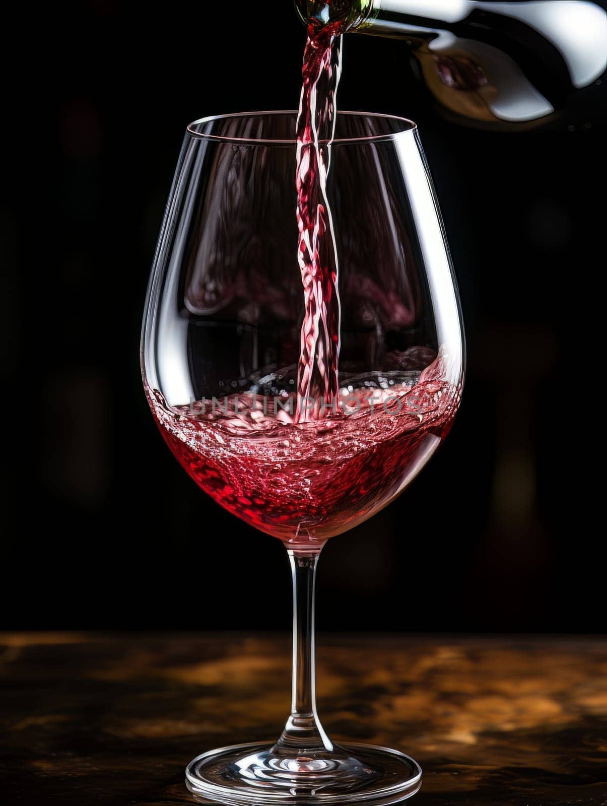 Red wine pours from a bottle into a glass AI by but_photo