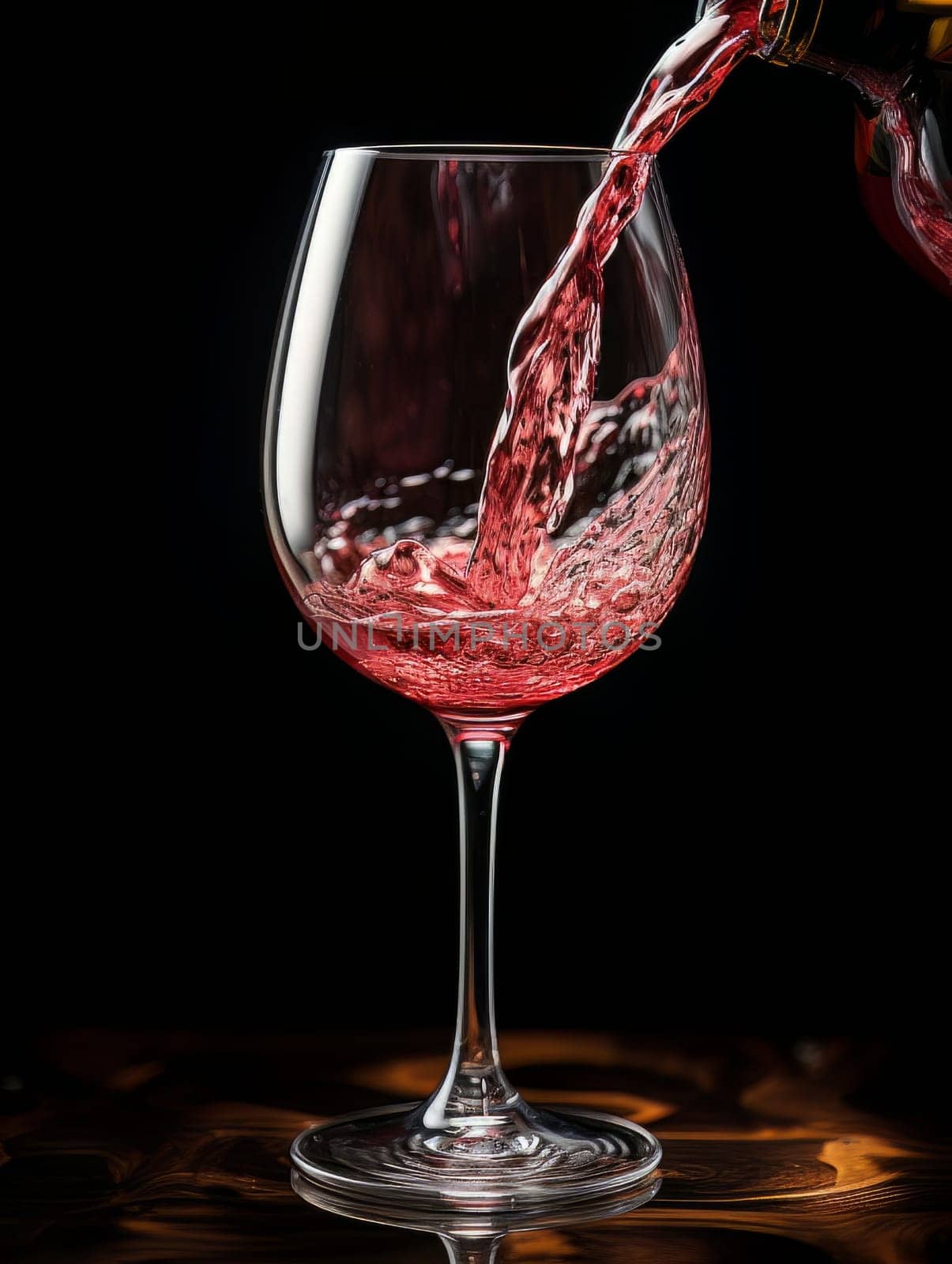 Red wine pours from a bottle into a glass AI by but_photo