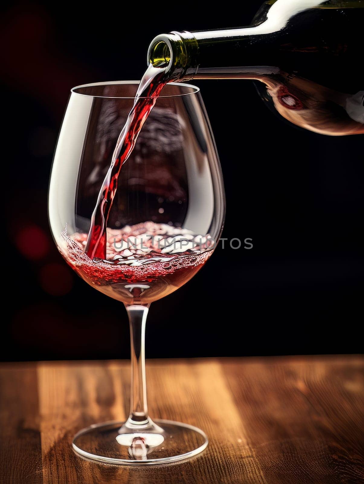 Red wine pours from a bottle into a glass AI by but_photo