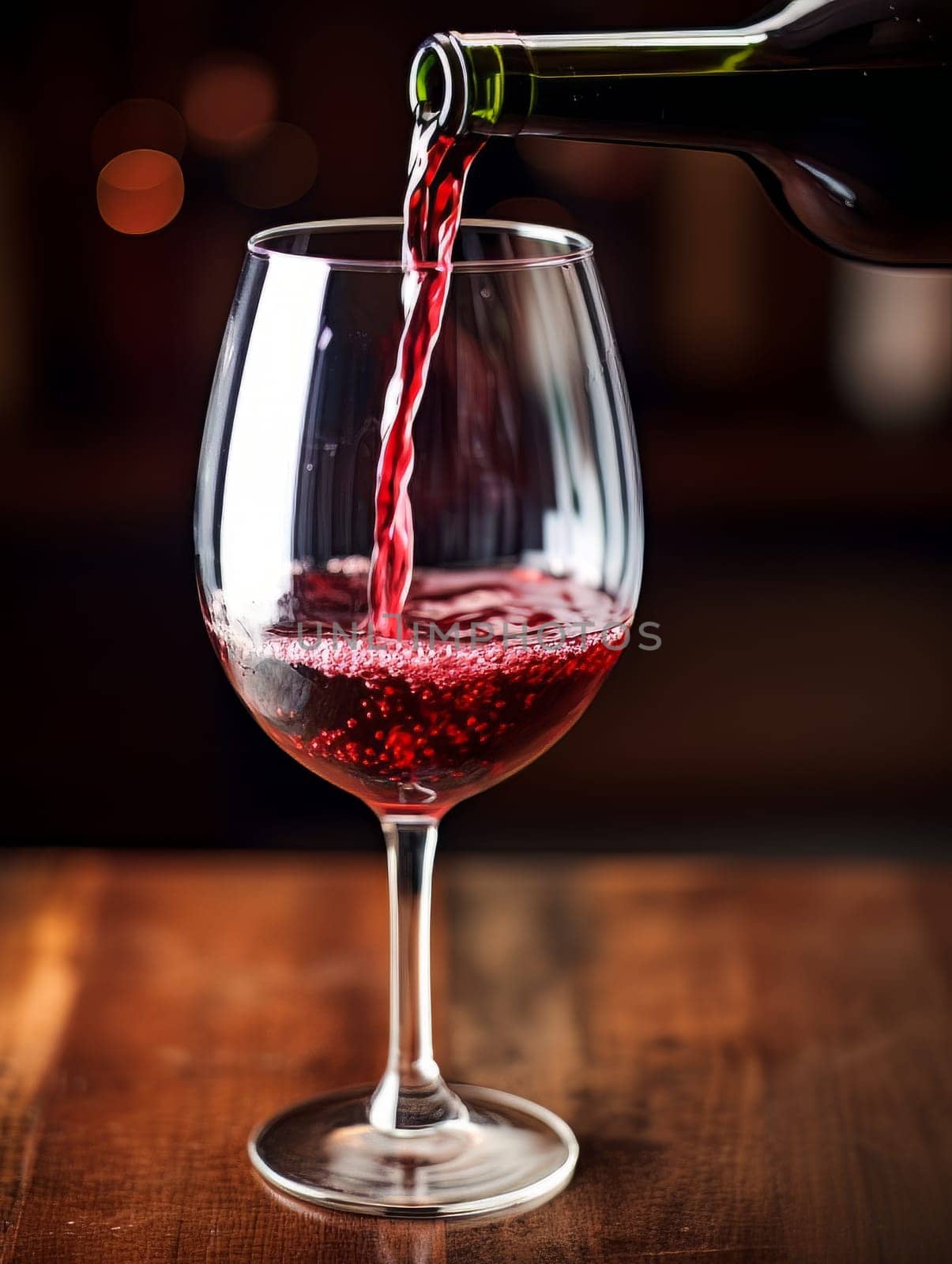 Red wine pours from a bottle into a glass AI by but_photo