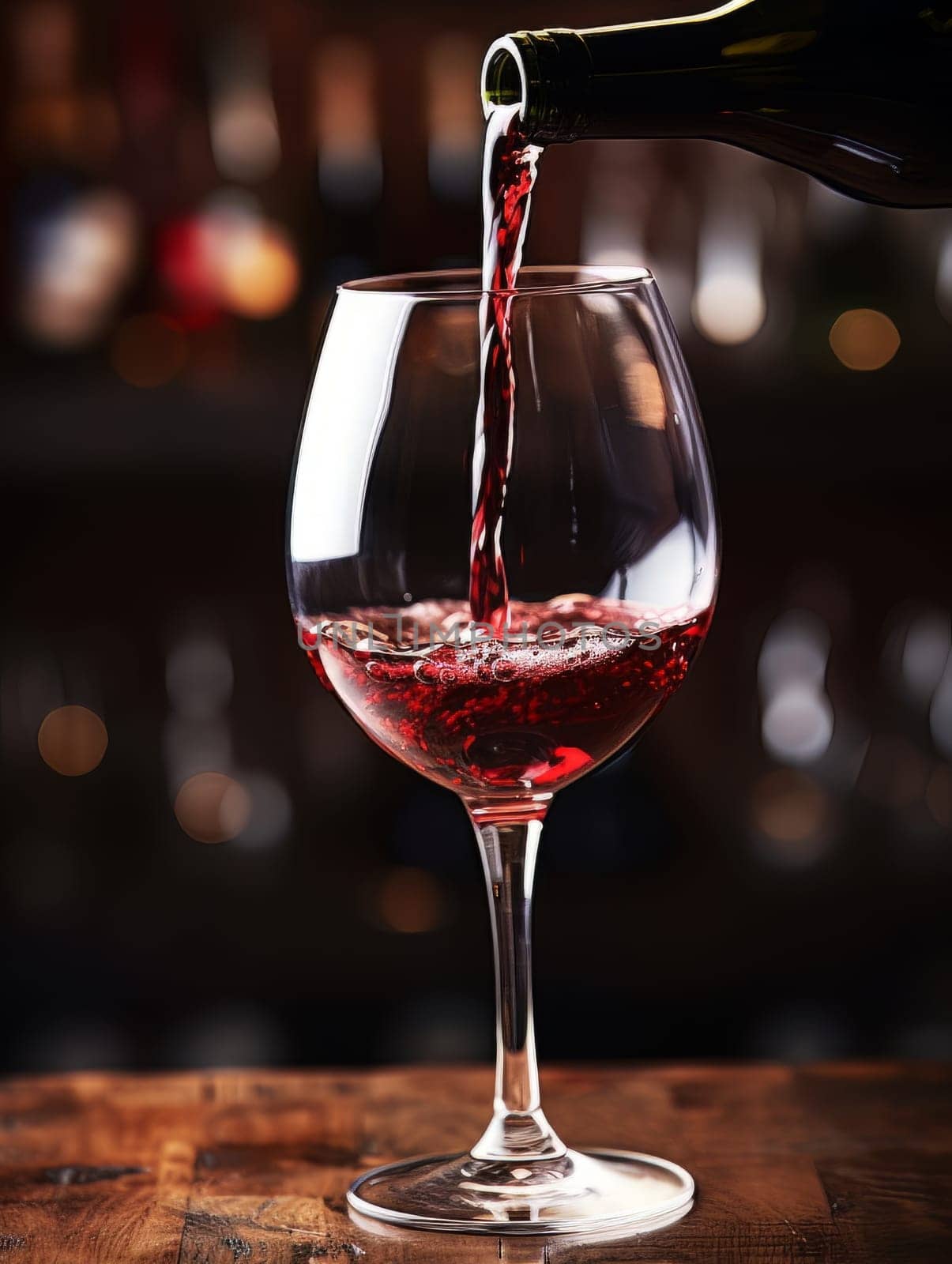 Red wine pours from a bottle into a glass AI by but_photo