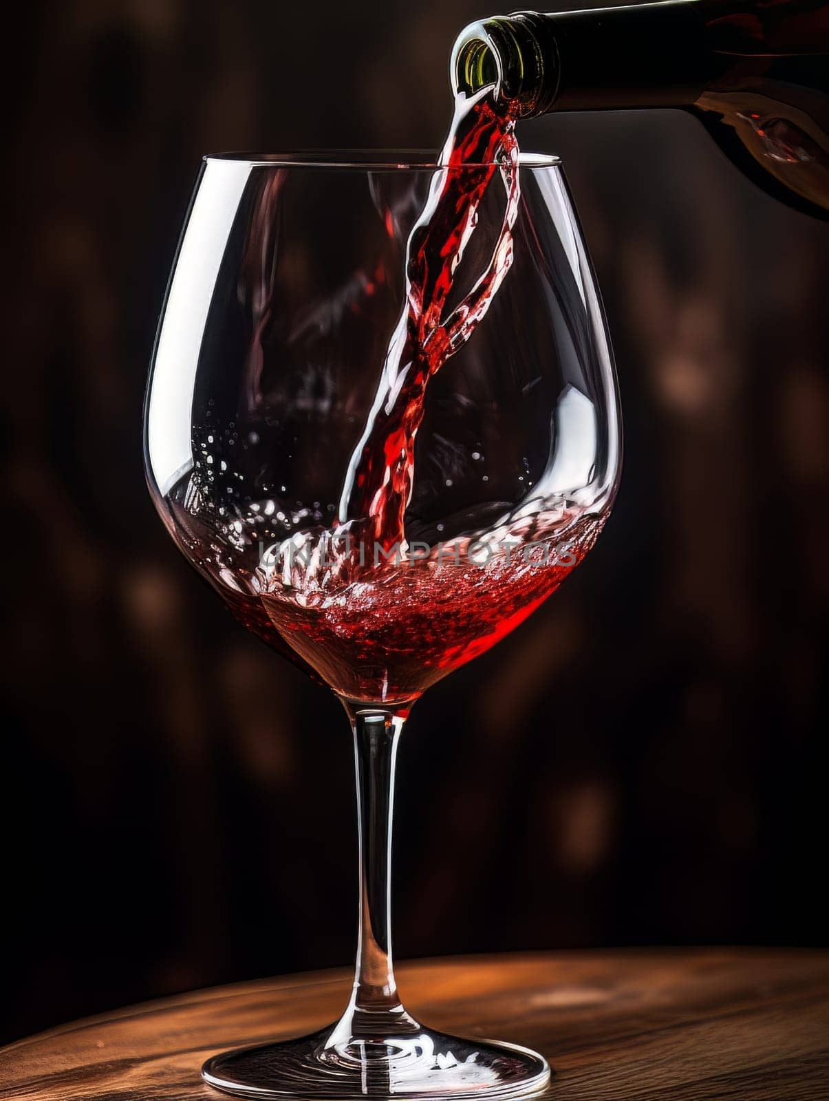 Red wine pours from a bottle into a glass AI by but_photo