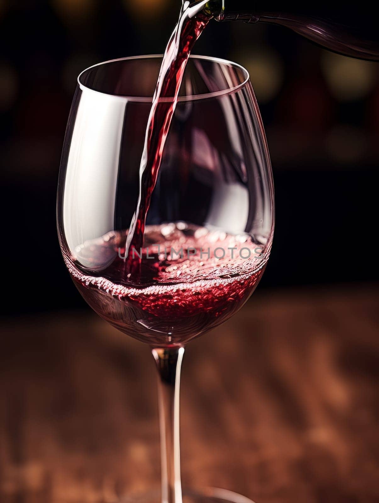 Red wine pours from a bottle into a glass AI by but_photo