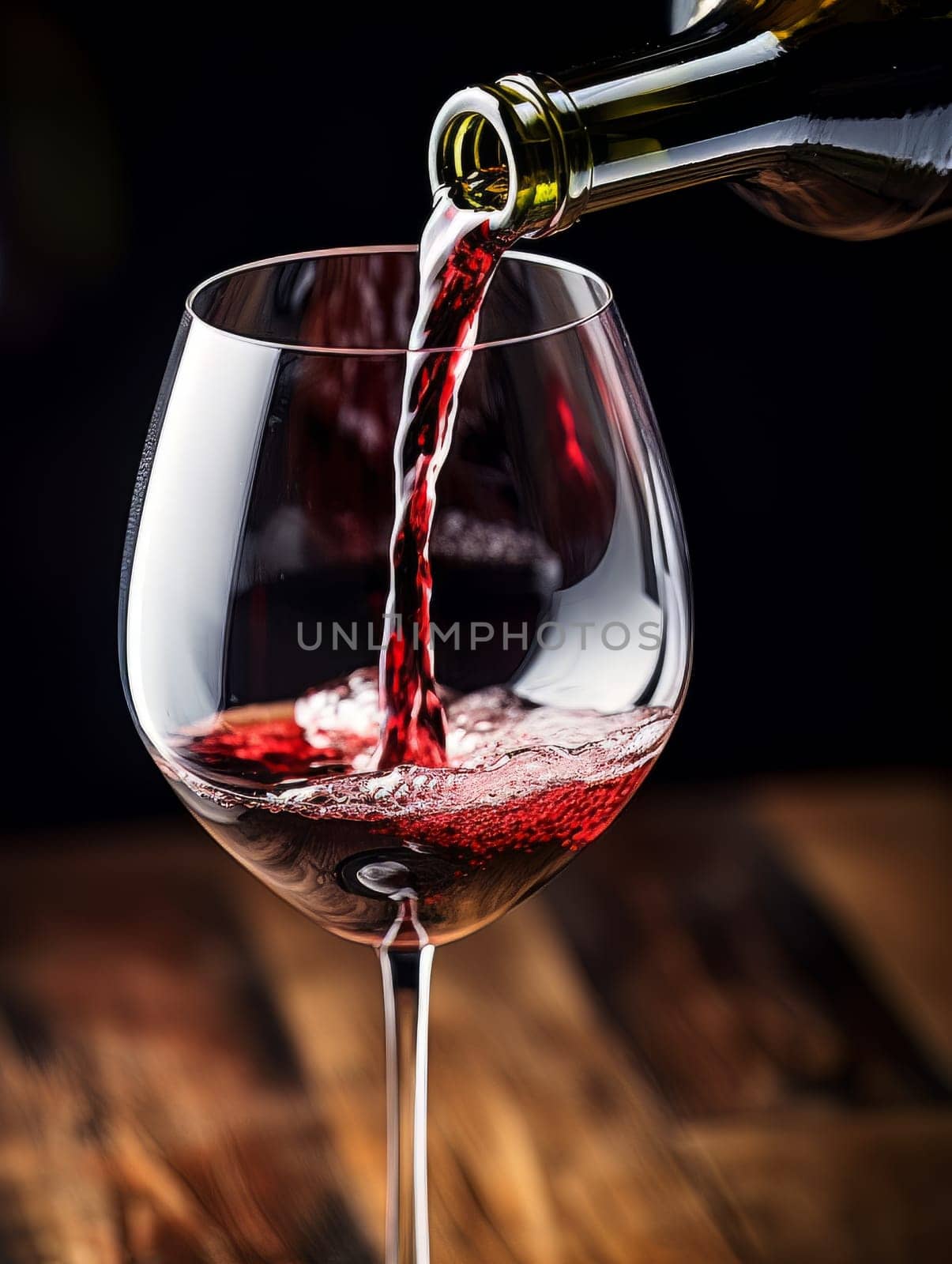 Red wine pours from a bottle into a glass AI by but_photo
