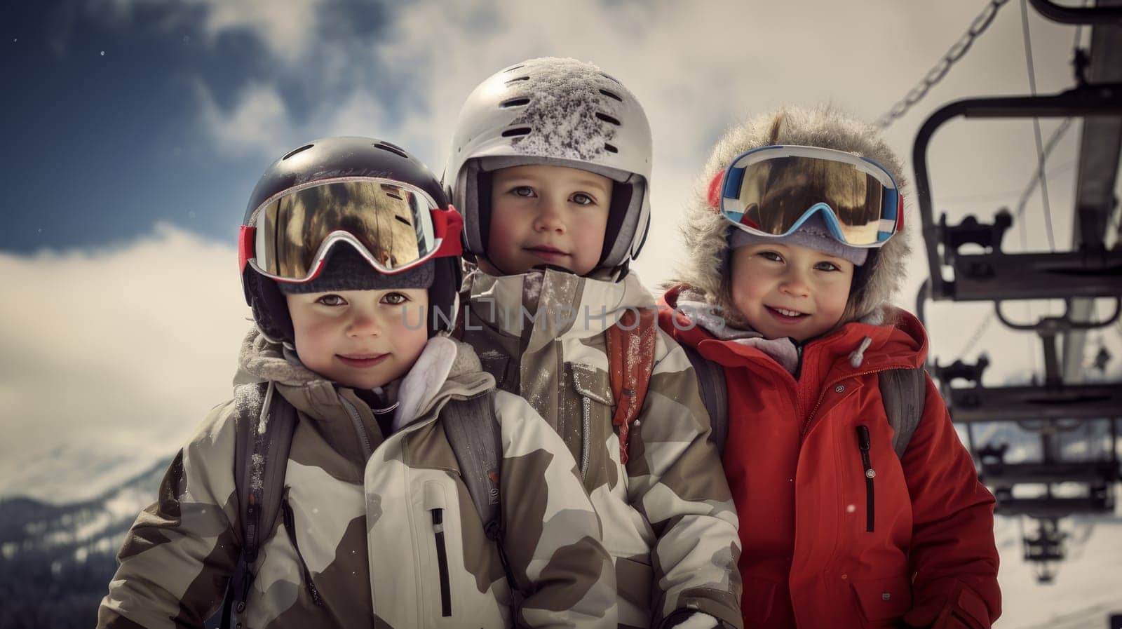 Happy children high in the snowy mountains at a ski resort, doing extreme sports, during vacation and winter holidays. Concept of traveling around the world, recreation, winter sports, vacations, tourism in the mountains and unusual places.