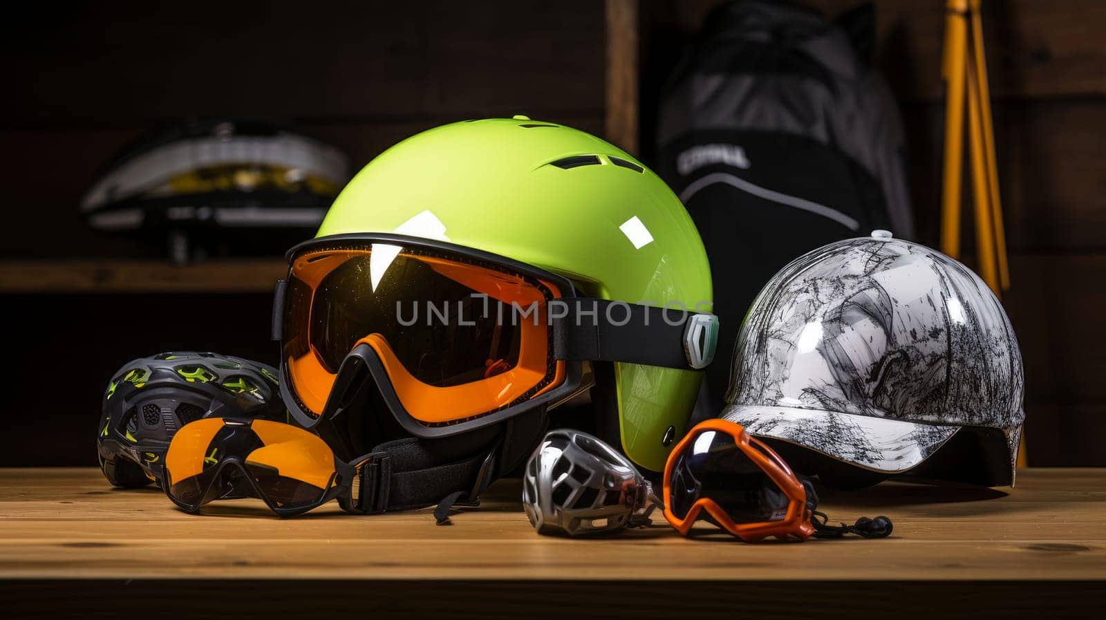 Ski equipment on a wooden surface, extreme sports, during vacation and winter holidays. Concept of traveling around the world, recreation, winter sports, vacations, tourism in the mountains and unusual places.