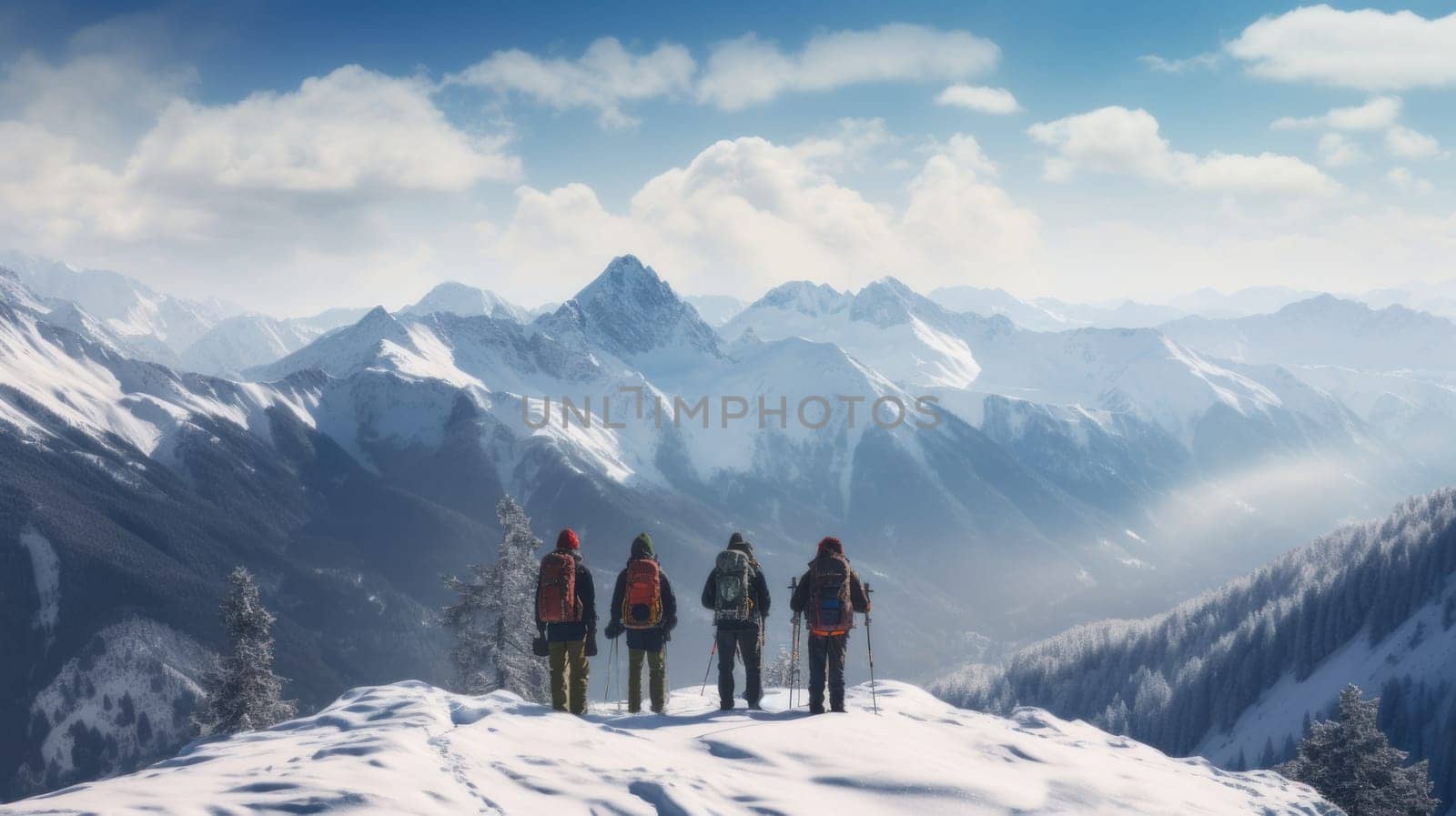 A family of skiers looks at the snow-capped mountains at a ski resort, during vacation and winter holidays. by Alla_Yurtayeva