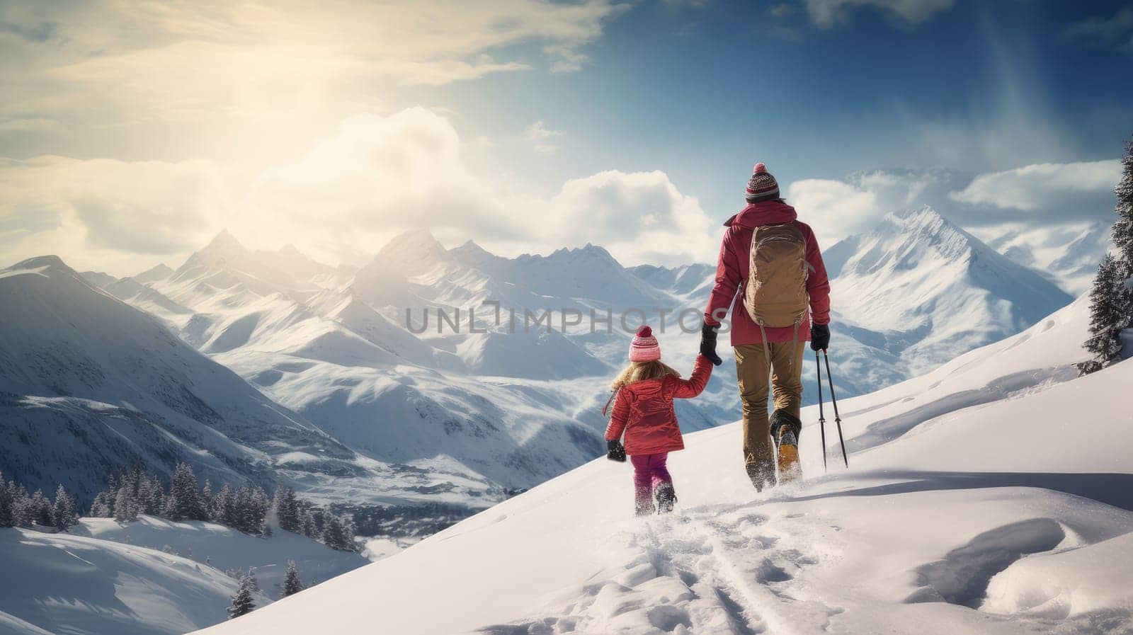 Dad with little daughter looks at snow-capped mountains at a ski resort, during vacation and winter holidays. by Alla_Yurtayeva