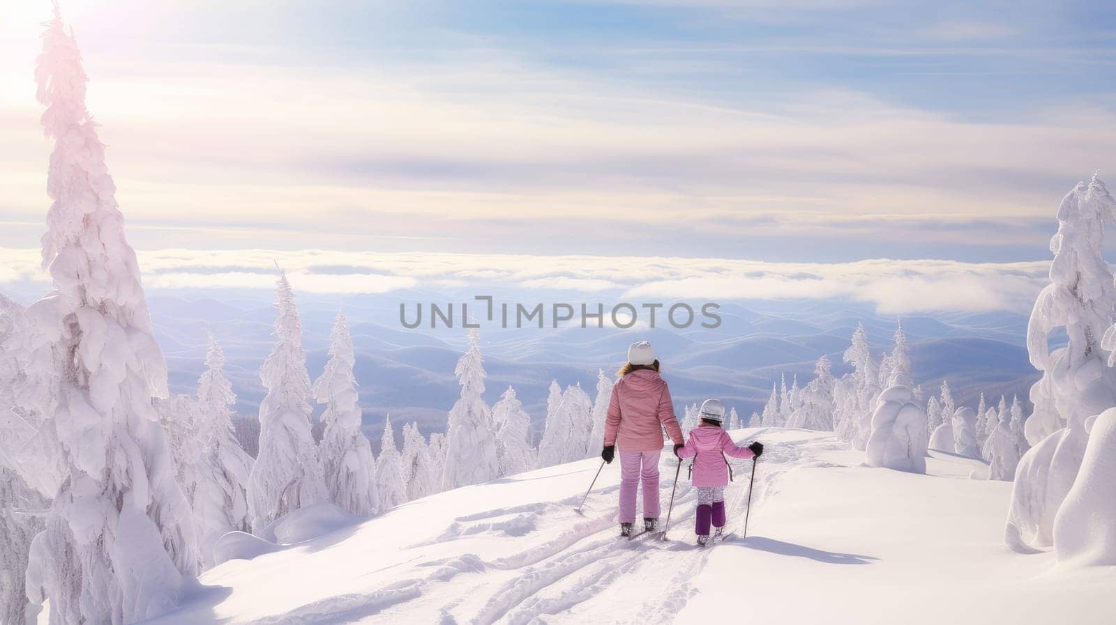 Happy mother and little daughter walk through snow-capped mountains with a beautiful landscape at a ski resort, during vacation and winter holidays. by Alla_Yurtayeva