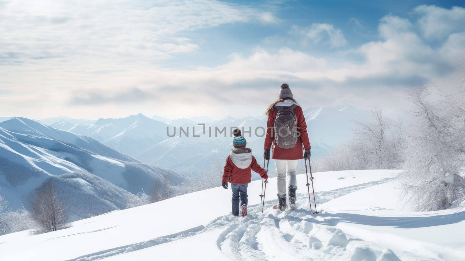Happy mother and little daughter walk through snow-capped mountains with a beautiful landscape at a ski resort, during holidays. Concept of traveling around the world, recreation, winter sports, vacations, tourism in the mountains and unusual places.