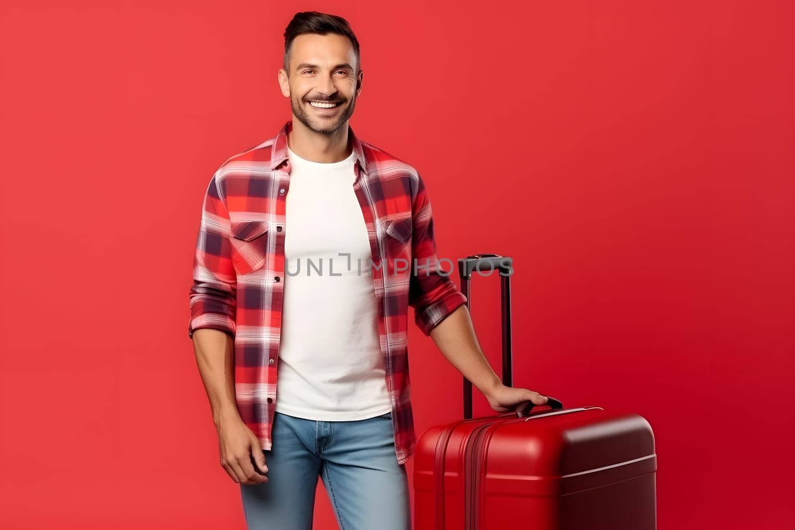 young adult Caucasian male with suitcase on red background. Neural network generated image. Not based on any actual person or scene.