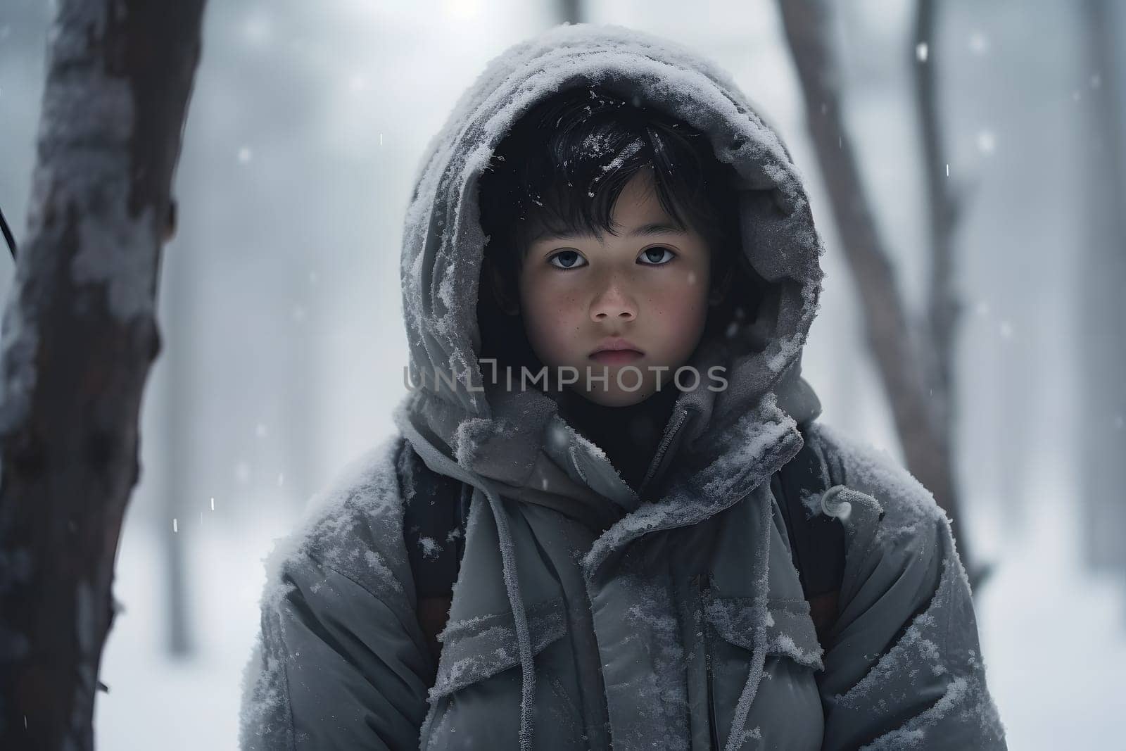 Asian boy lost in forest at snowy winter day. Neural network generated image. Not based on any actual person or scene.