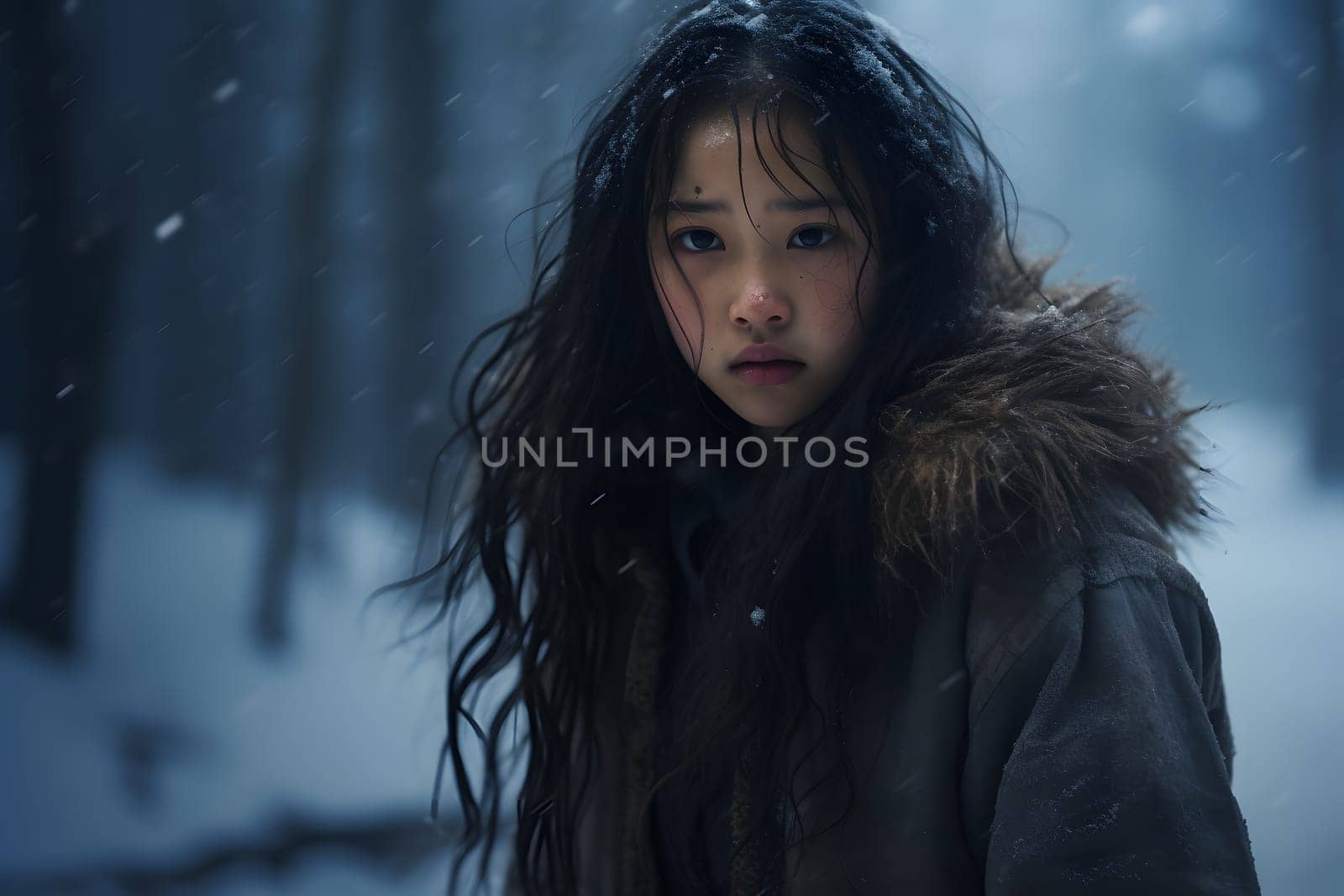 Asian girl lost in snowy winter forest at evening. Neural network generated image. Not based on any actual person or scene.