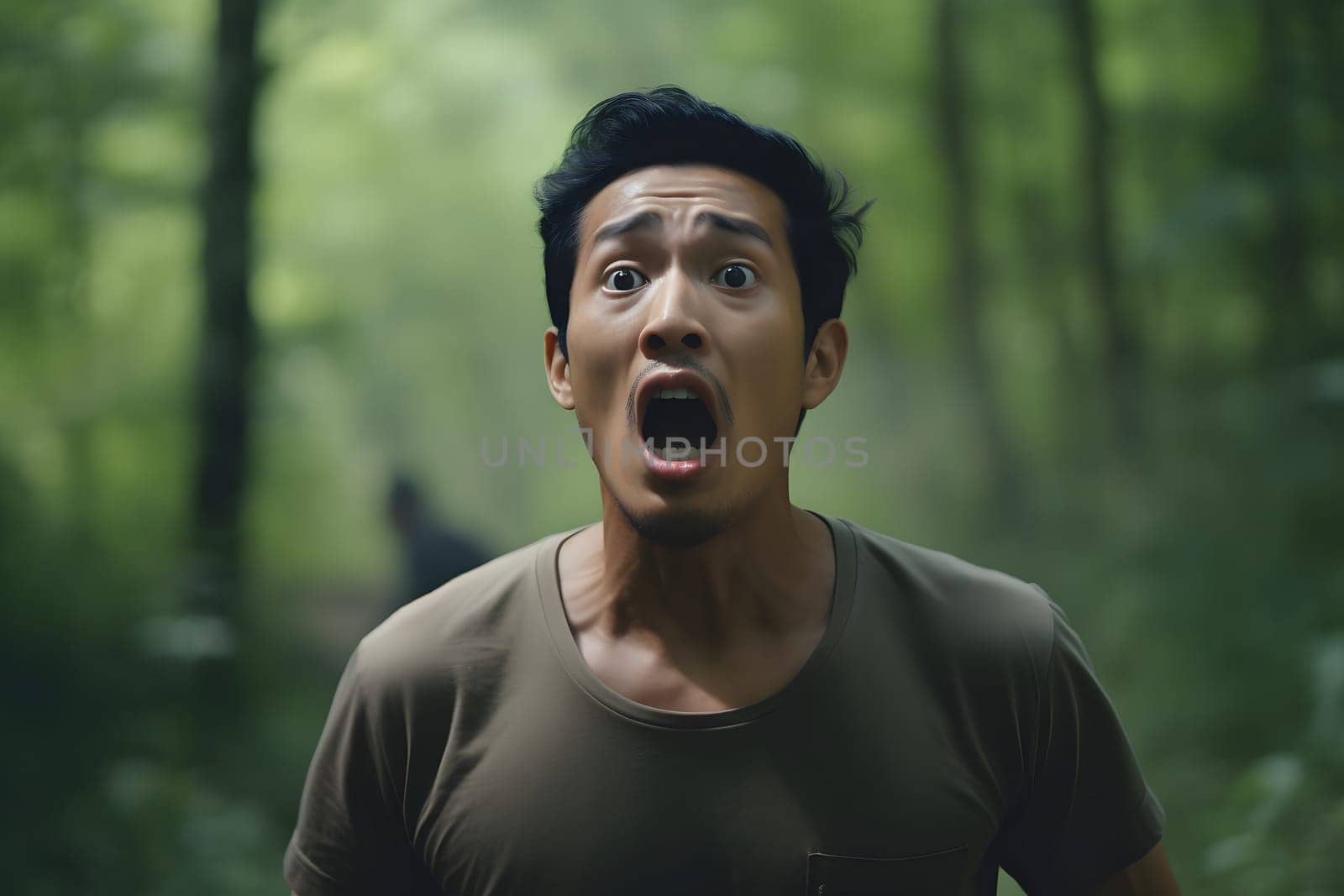 scared Asian young adult man lost in forest at summer. Neural network generated image. Not based on any actual person or scene.