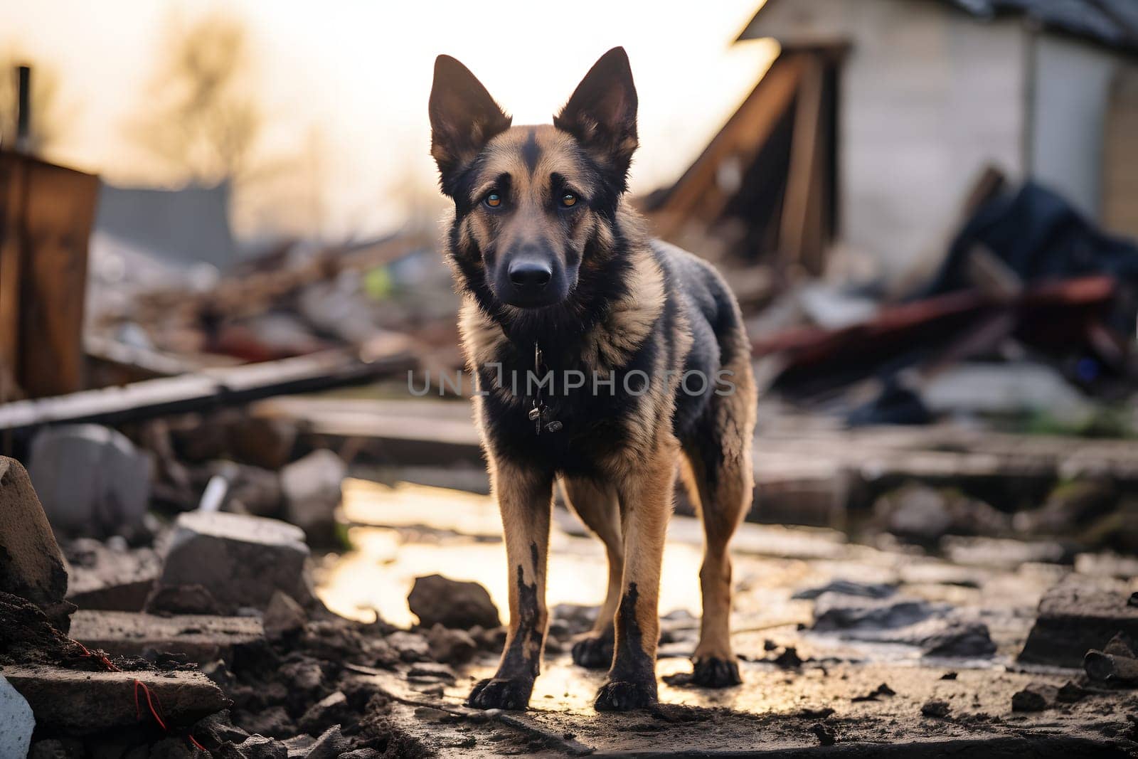 Alone wet and dirty German Shepherd Dog after disaster on the background of house rubble. Neural network generated image. Not based on any actual scene.