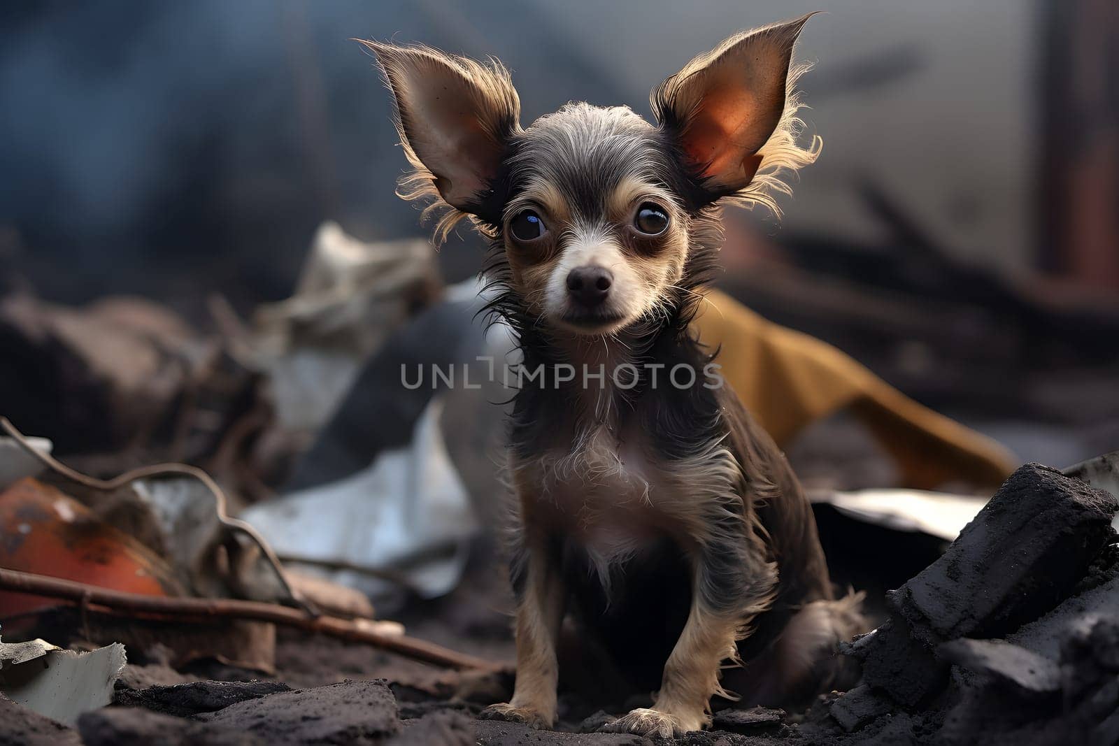 Alone and hungry chihuahua after disaster on the background of house rubble. Neural network generated image. Not based on any actual scene.
