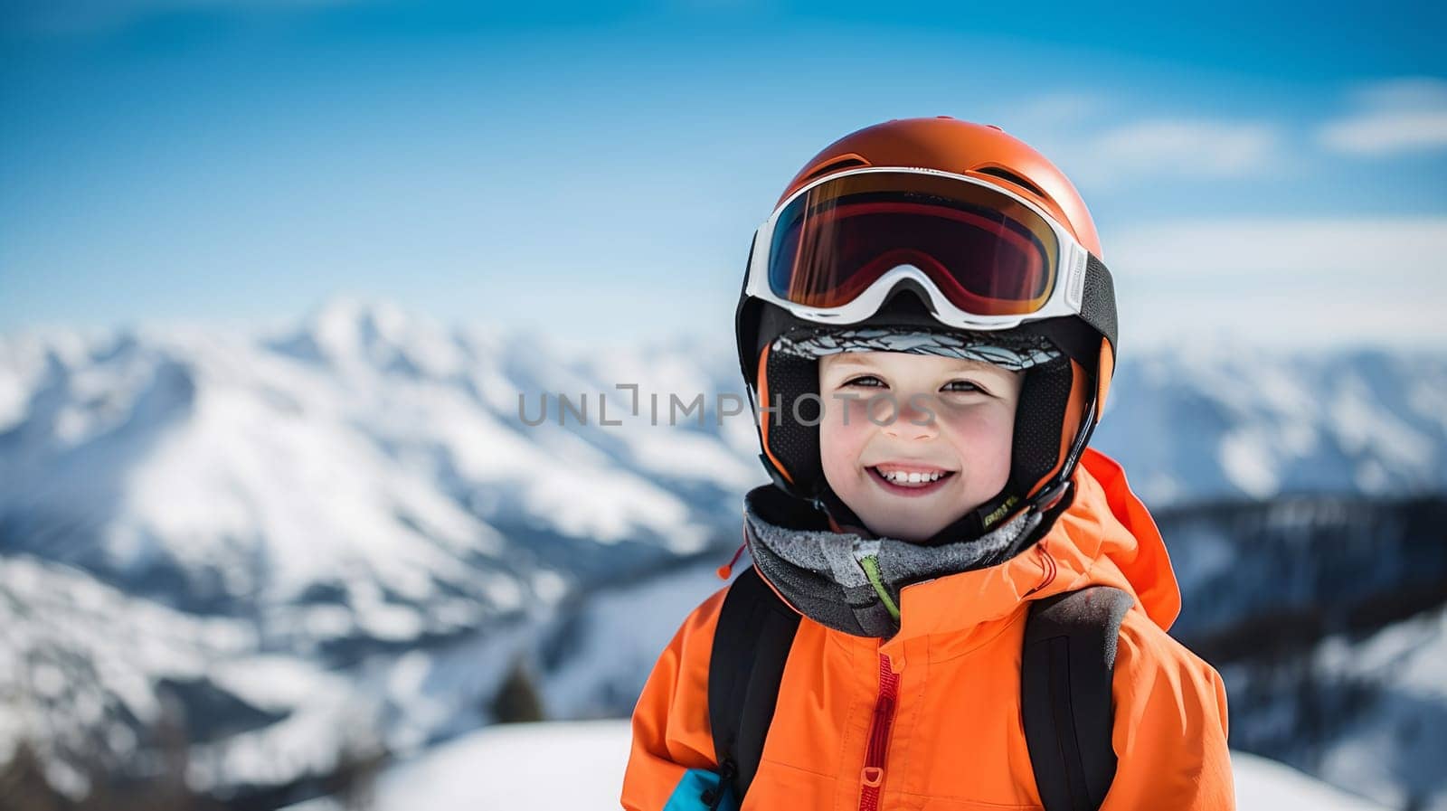 happy, smiling child snowboarder against the backdrop of snow-capped mountains at a ski resort, during the winter holidays. Concept of traveling around the world, recreation, winter sports, vacations, tourism in the mountains and unusual places.