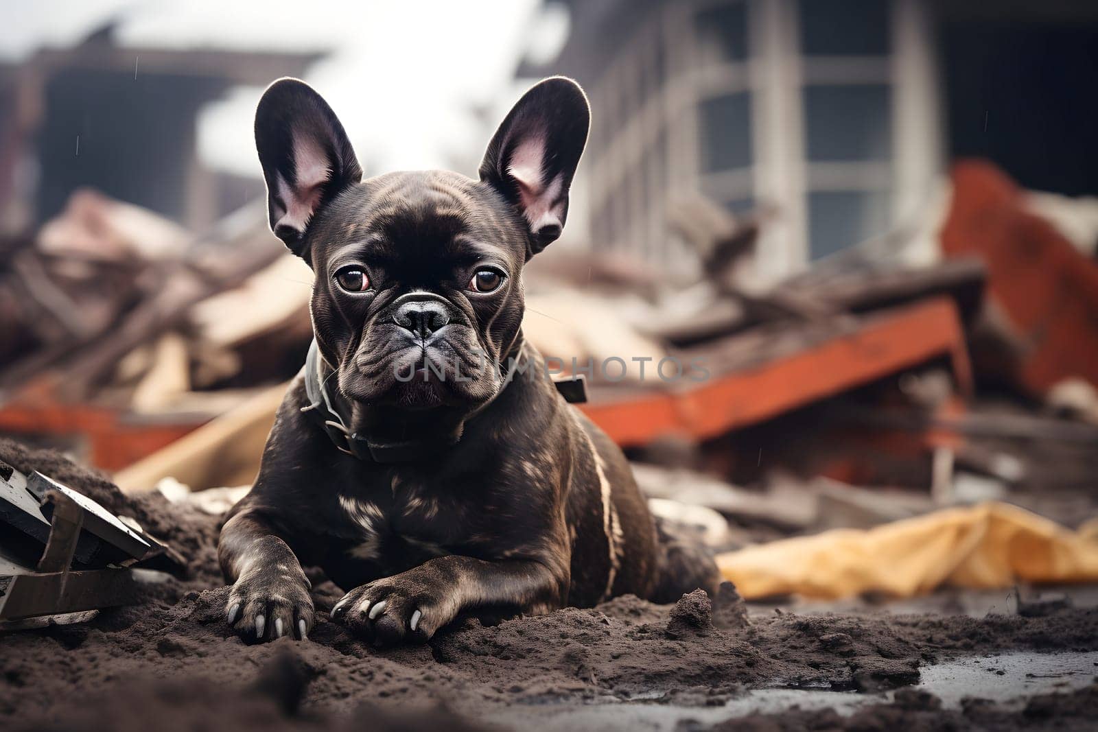 Alone and hungry French Bulldog after disaster on the background of house rubble. Neural network generated image. Not based on any actual scene.