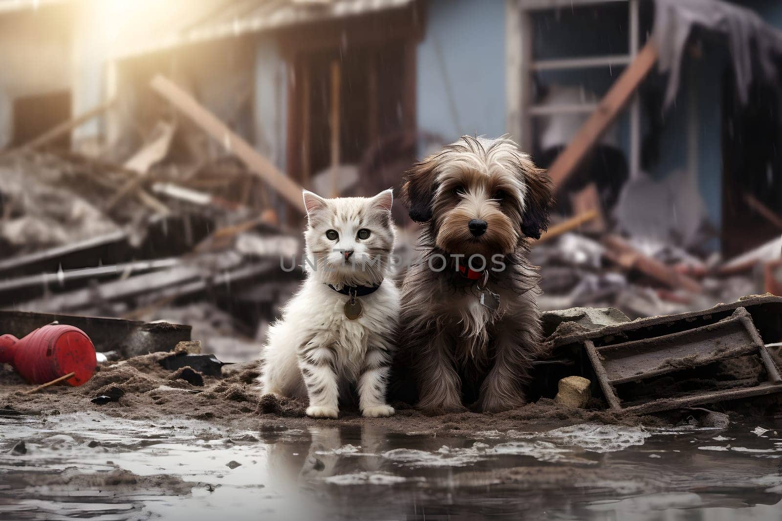 Alone and hungry pets after disaster on the background of house rubble. Neural network generated image. Not based on any actual scene.