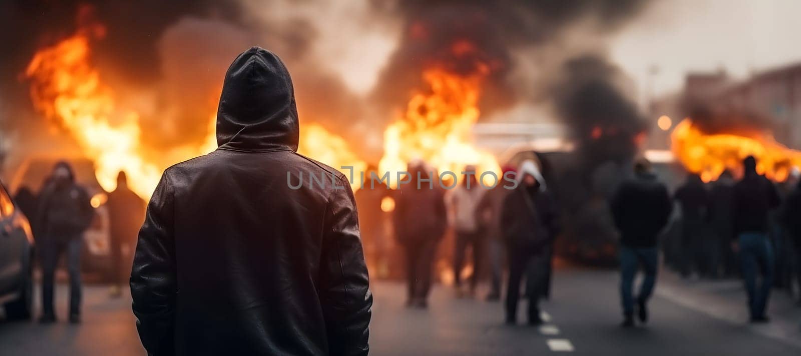 street riot in city with protestors and burning cars, neural network generated photorealistic image by z1b