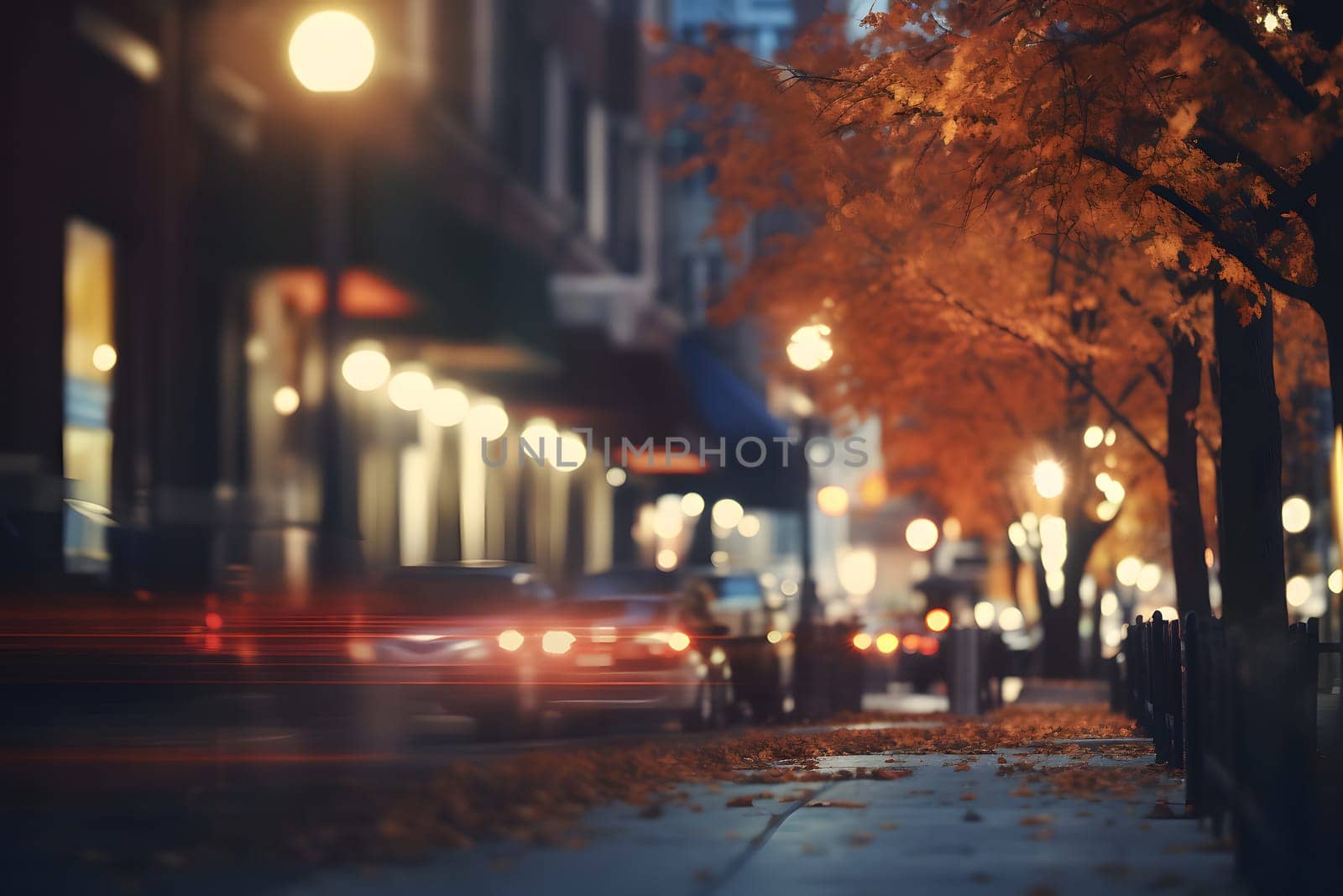 American downtown street view at autumn night. Neural network generated image. Not based on any actual scene.