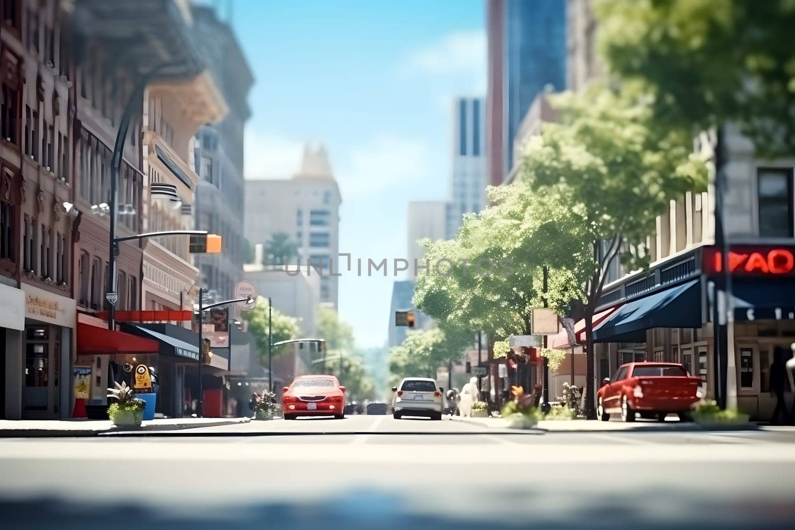 American downtown street view at sunny summer day. Neural network generated image. Not based on any actual scene.