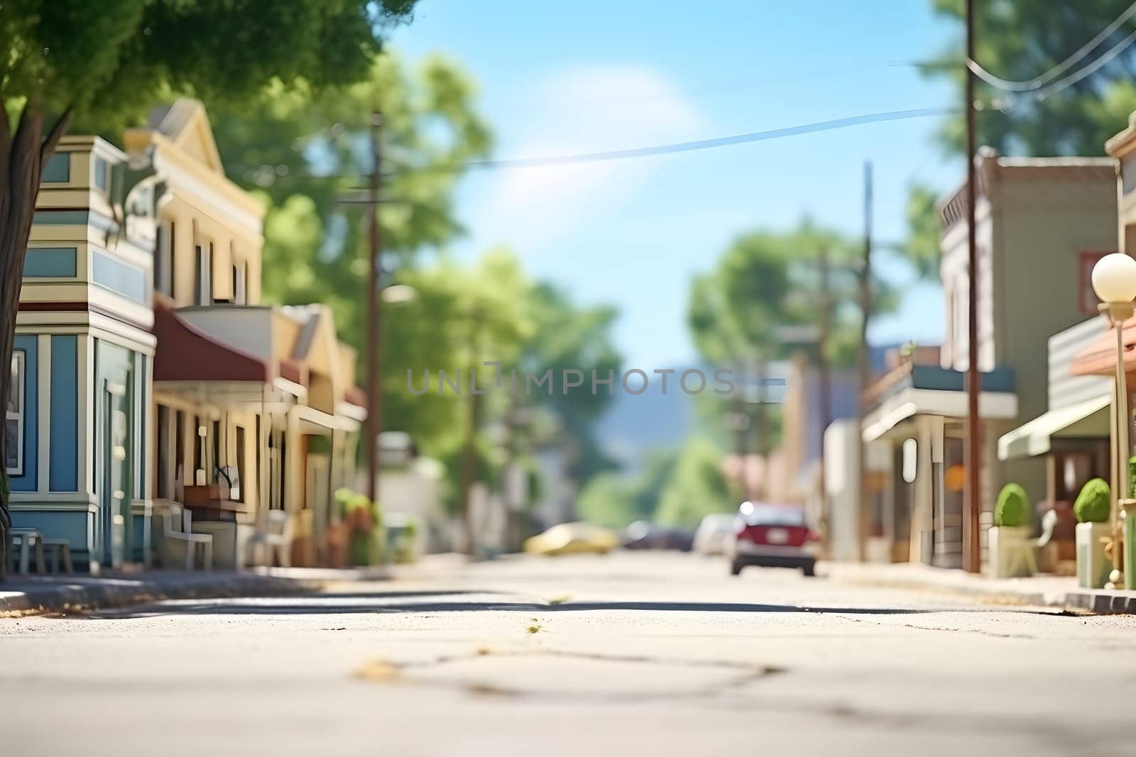 American town street view at sunny summer day. Neural network generated image. Not based on any actual scene.