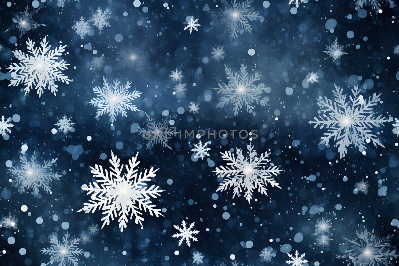 seamless pattern of snowflakes on dark blue background, neural network generated. Not based on any actual scene or pattern.