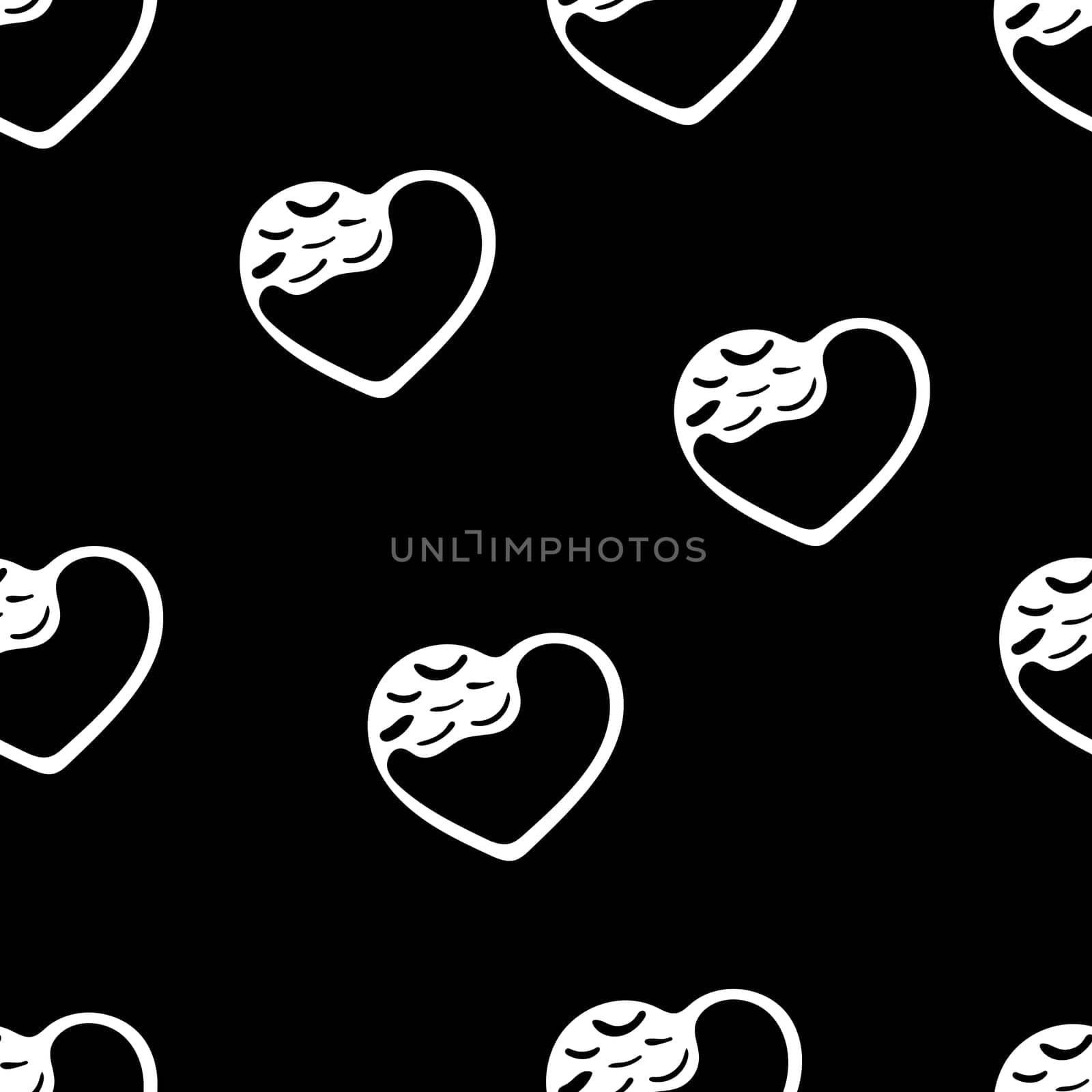 Hand Drawn Seamless Patterns with Hearts in Doodle Style. Romantic Love Digital Paper for Valentines Day. White Hearts on Black Background.