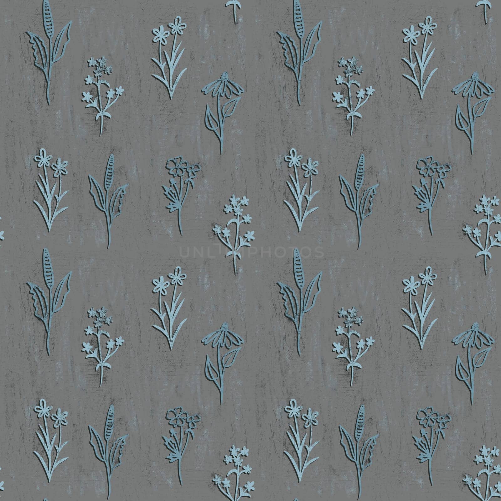 Hand drawn seamless pattern of dark blue faded flowers on grey background. Wildflower forest wood design, cottagecore cabincore print in neutral tone for wallpaper textile, egelant minimal print. by Lagmar