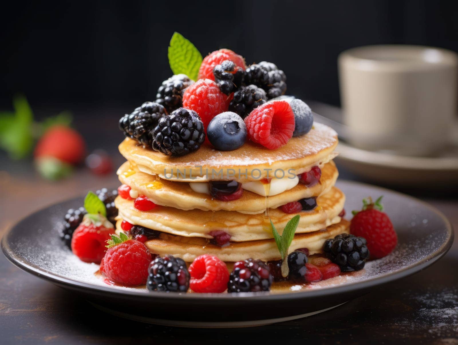 American pancakes with fresh blueberry, raspberry and honey. Healthy morning breakfast.