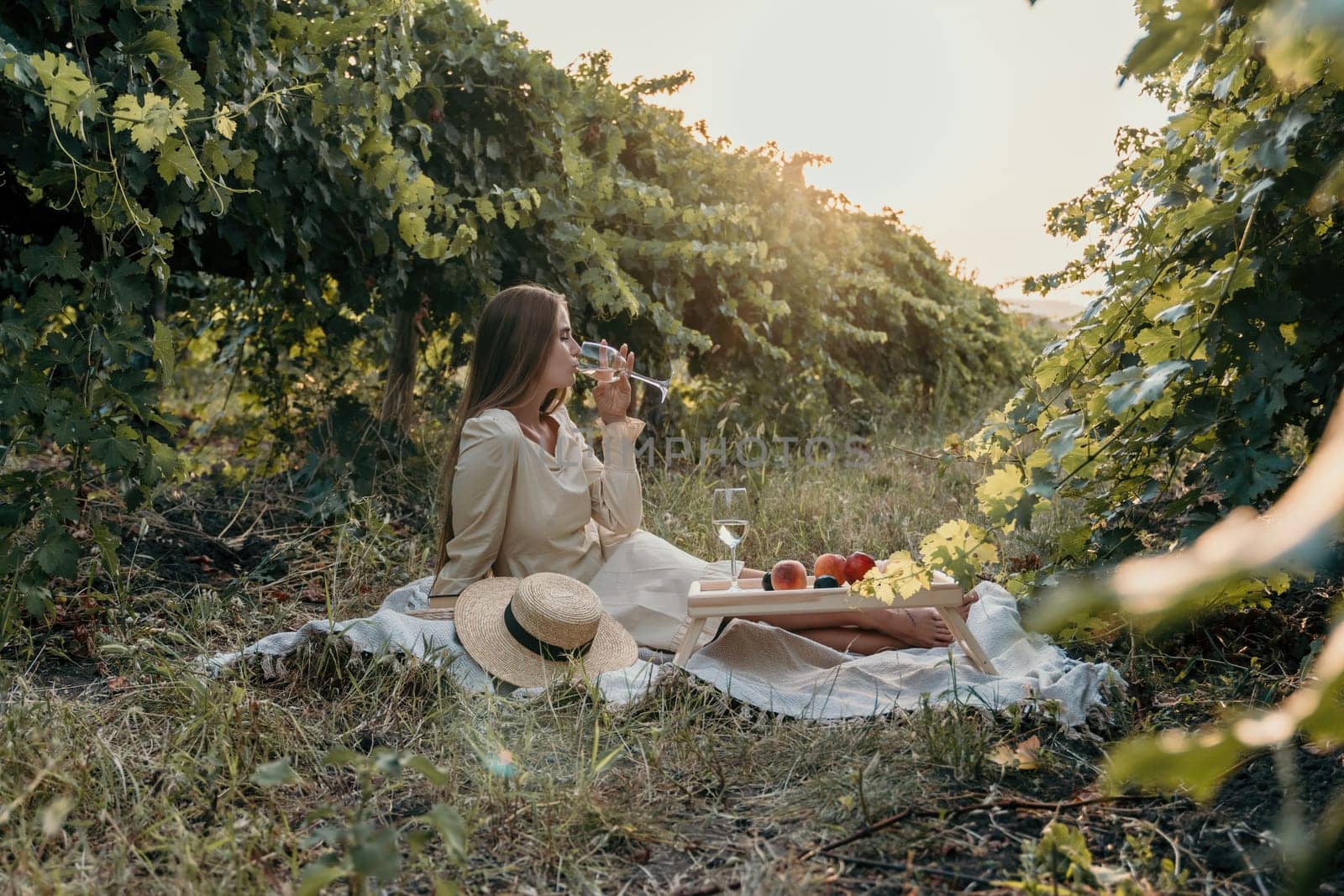 Woman picnic vineyard. Happy woman with a glass of wine at a picnic in the vineyard, wine tasting at sunset and open nature in the summer. Romantic dinner, fruit and wine. by panophotograph