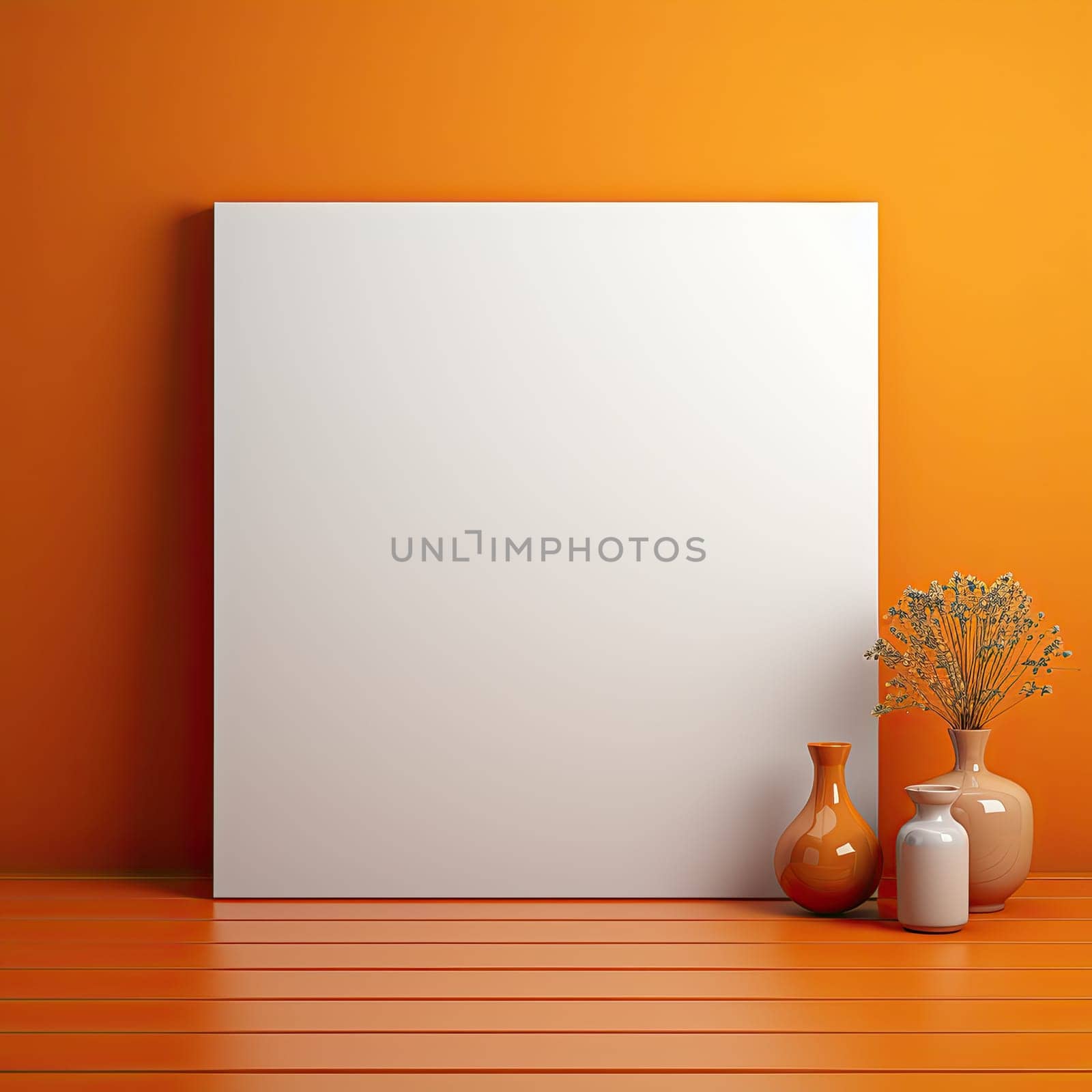Blank square white card with copy space isolated on orange background on minimalist style.
