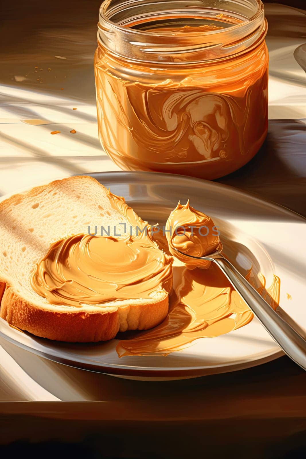 Peanut butter in spoon near creamy peanut paste in open glass jar, slice of peanut butter bread. Healthy breakfast.
